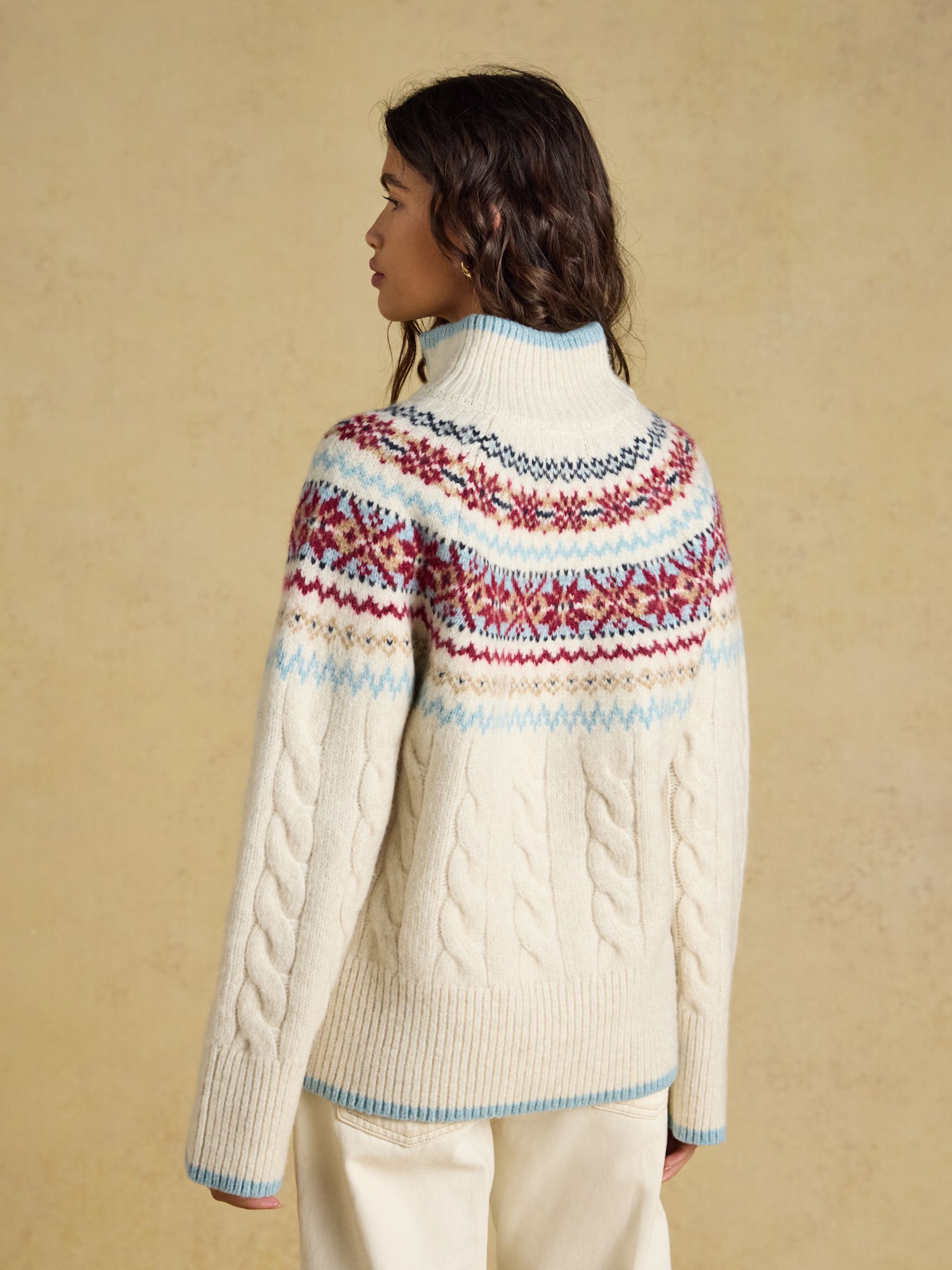 Cream Cable Knit Fair Isle Half Zip Jumper - Image 2 of 7