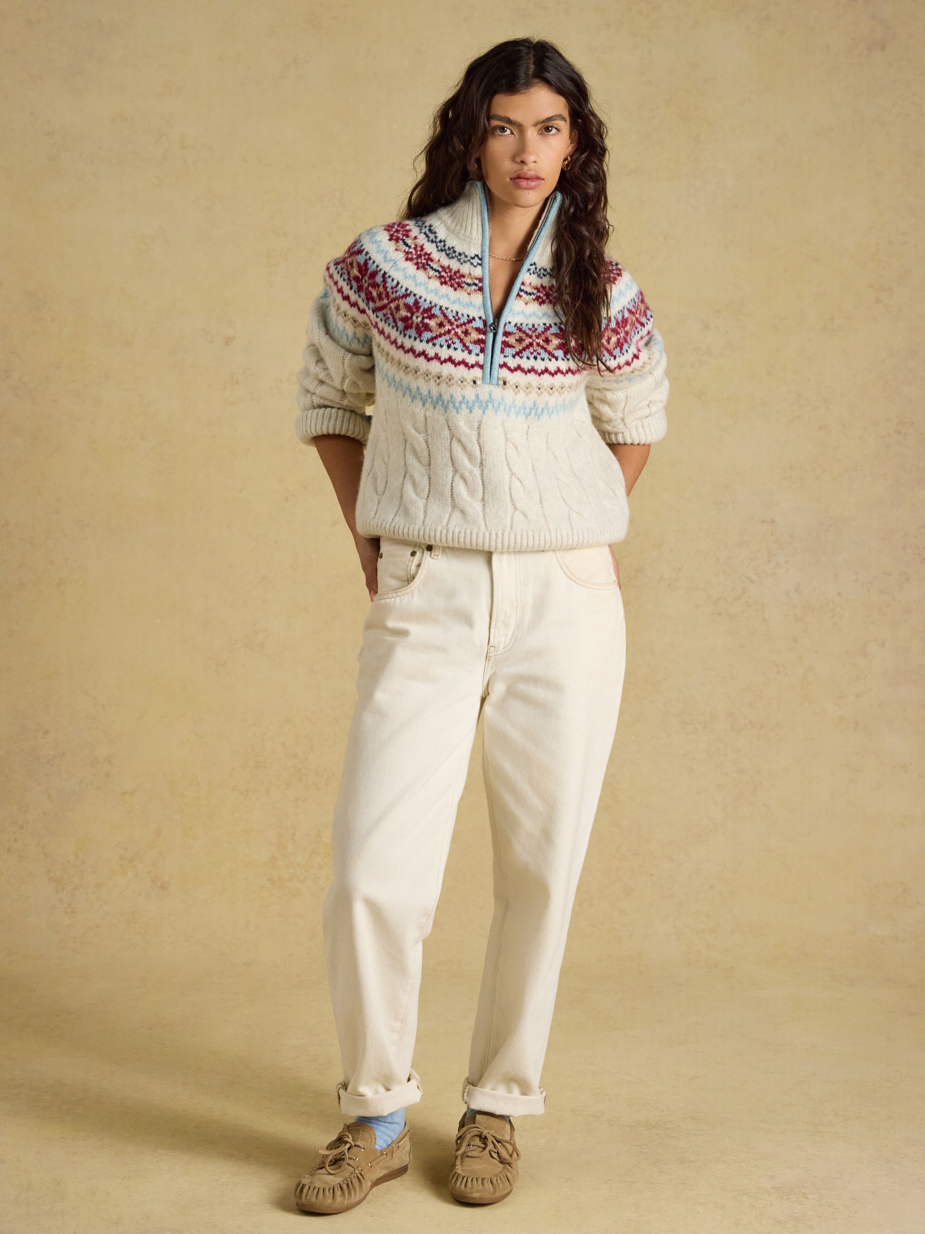 Cream Cable Knit Fair Isle Half Zip Jumper - Image 3 of 7