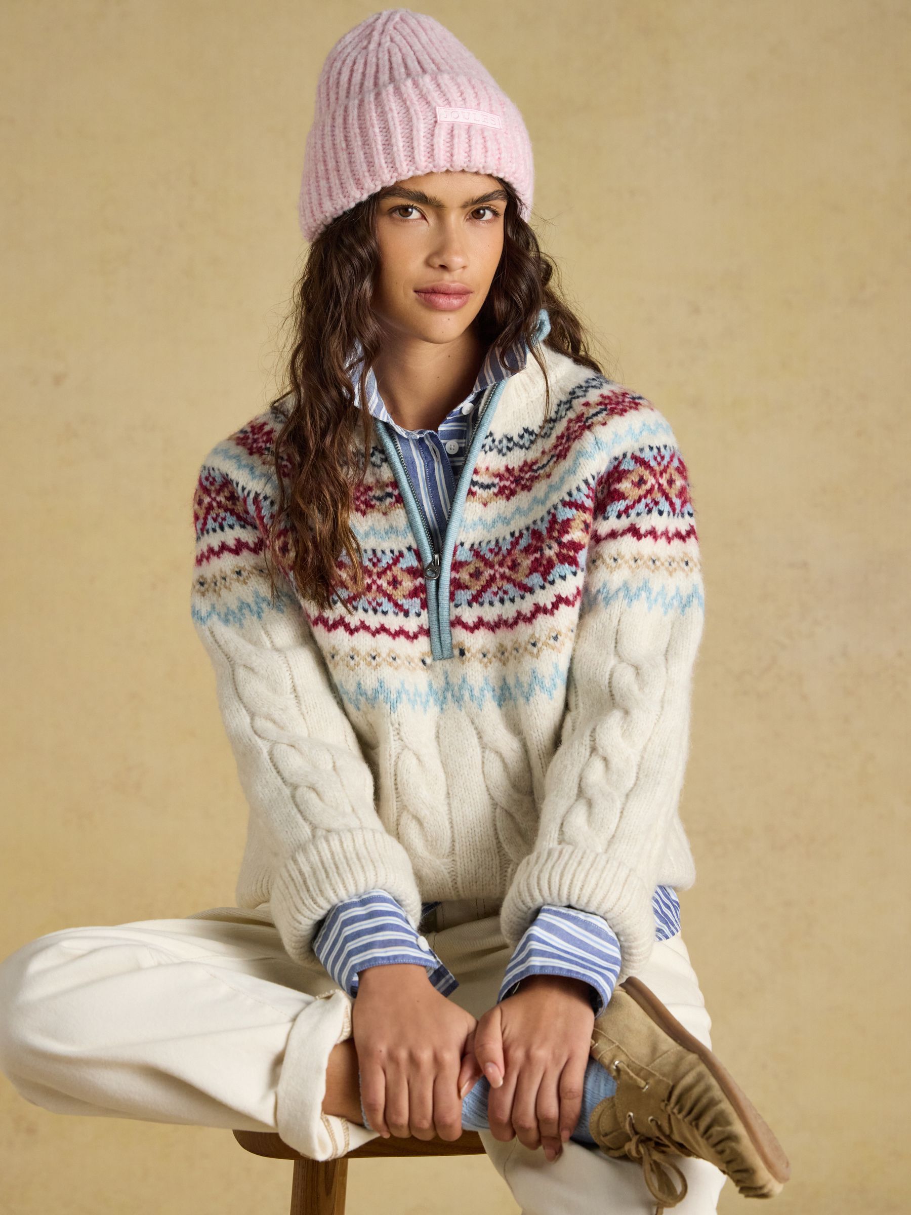 Cream Cable Knit Fair Isle Half Zip Jumper - Image 5 of 7