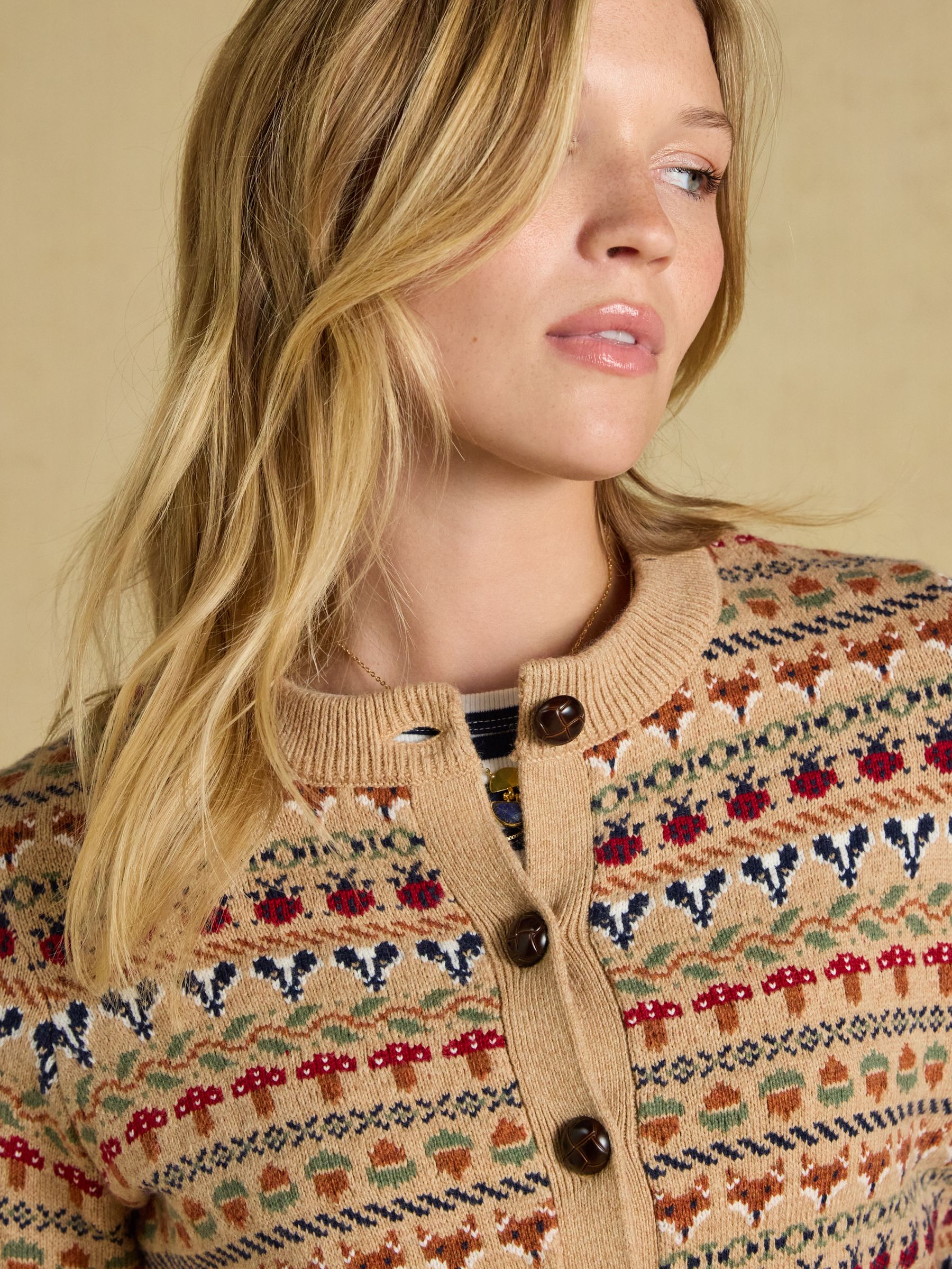 Woodland Pattern Oatmeal Cotton Blend Knitted Cardigan - Image 4 of 8