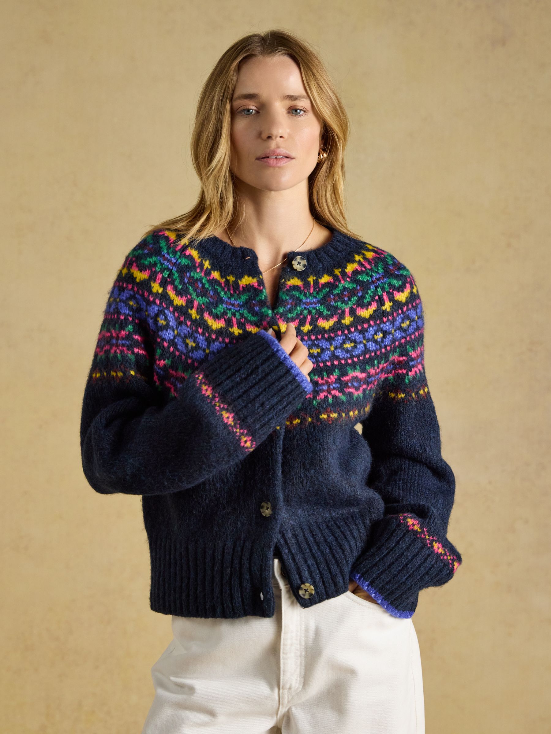 Fair Isle Navy Wool Blend Knitted Cardigan - Image 1 of 8