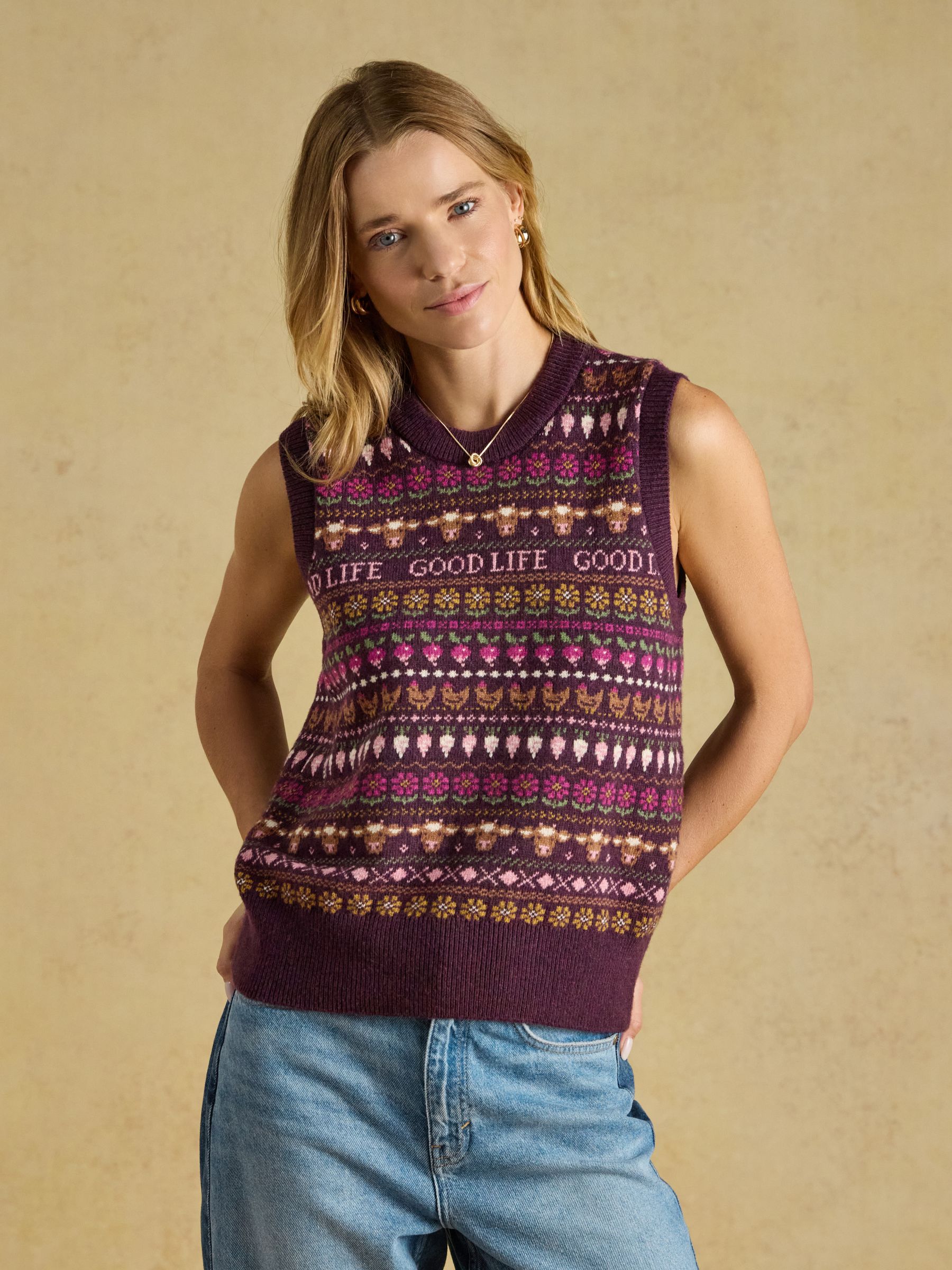 Wine Red Cotton Blend Crew Neck Knitted Vest - Image 1 of 8 Wine Red Cotton Blend Crew Neck Knitted Vest - Image 1 of 8