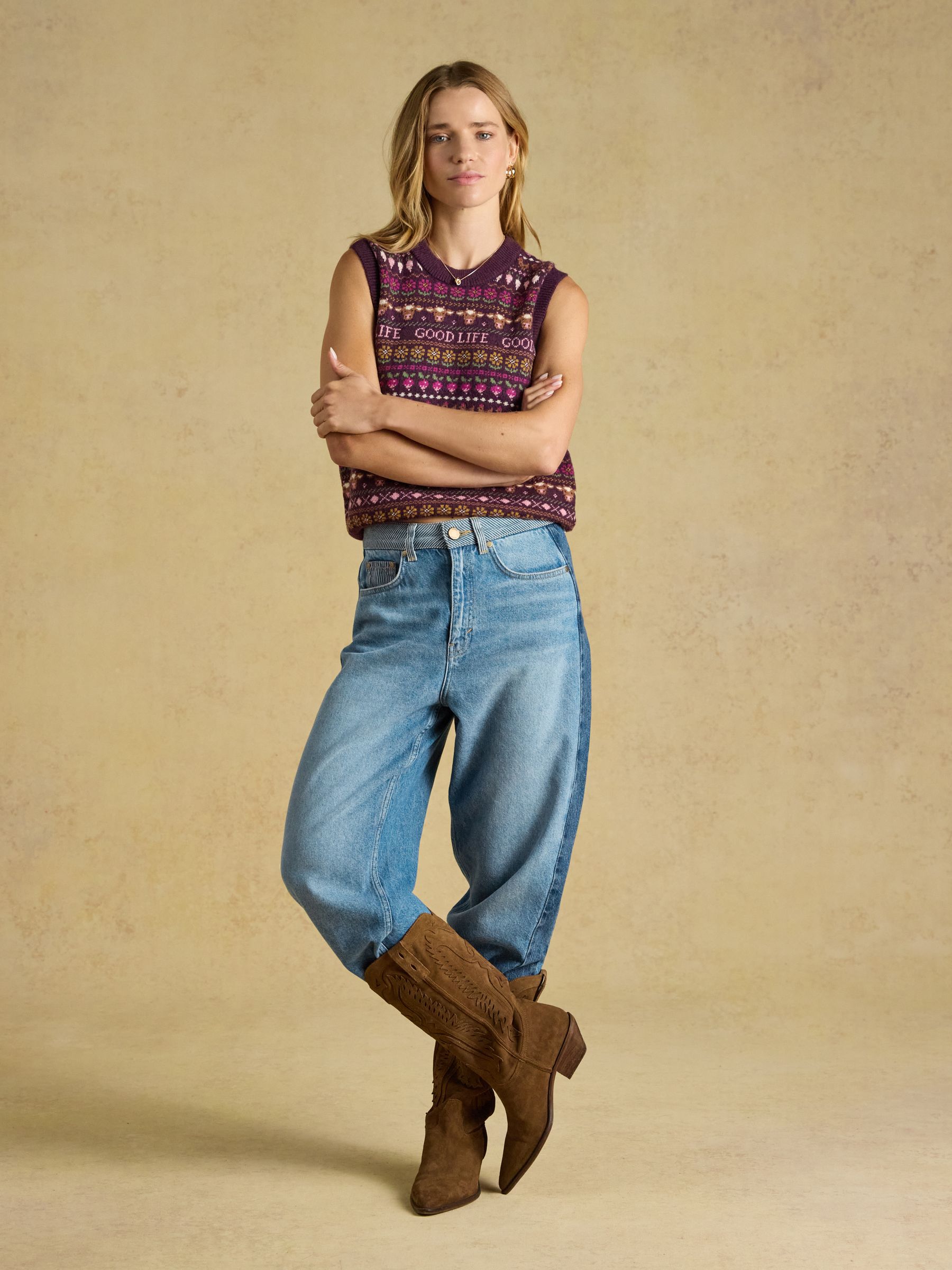 Wine Red Cotton Blend Crew Neck Knitted Vest - Image 3 of 8