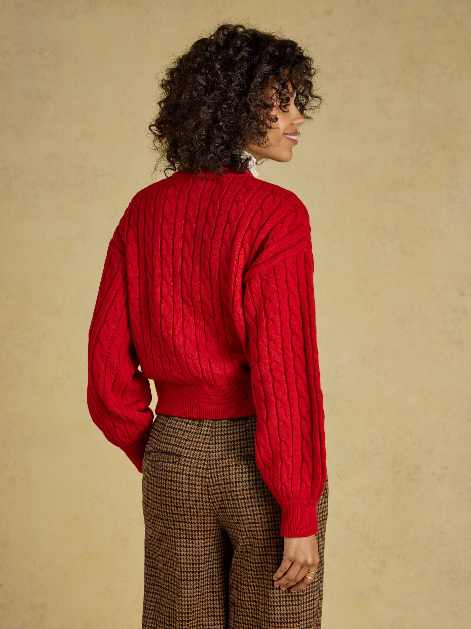 Red Cable Knit Bomber Style Cardigan - Image 2 of 6 Red Cable Knit Bomber Style Cardigan - Image 2 of 6