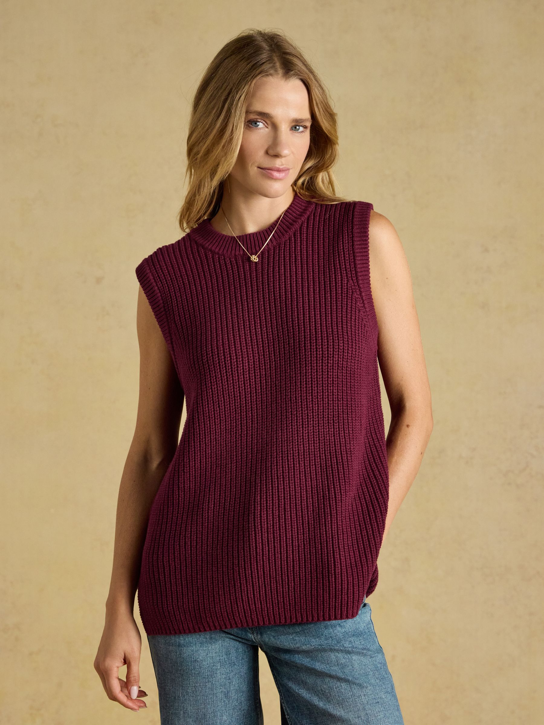 Burgundy Red Crew Neck Ribbed Knitted Vest - Image 1 of 7