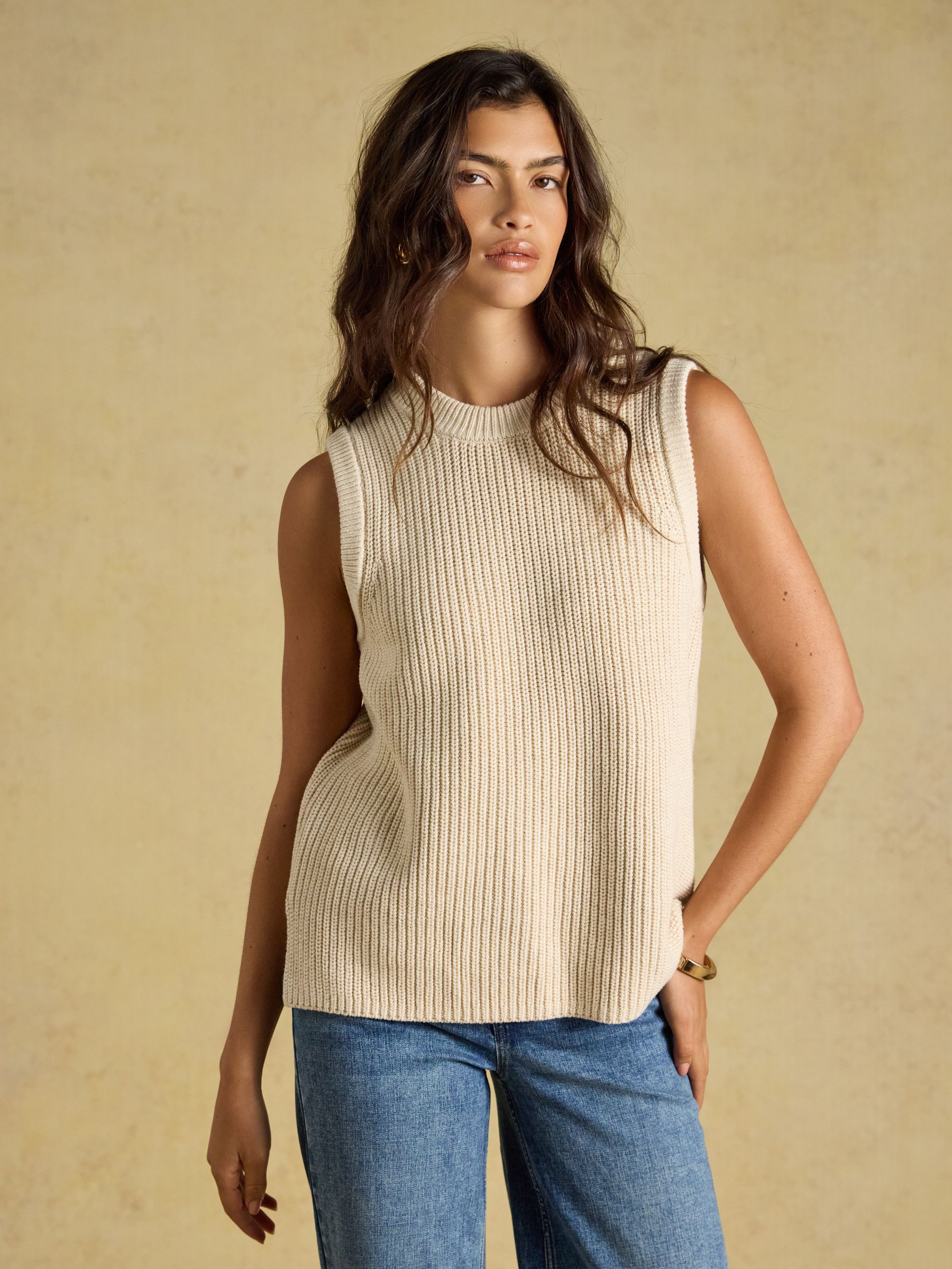 Oatmeal Crew Neck Ribbed Knitted Vest - Image 1 of 7 Oatmeal Crew Neck Ribbed Knitted Vest - Image 1 of 7