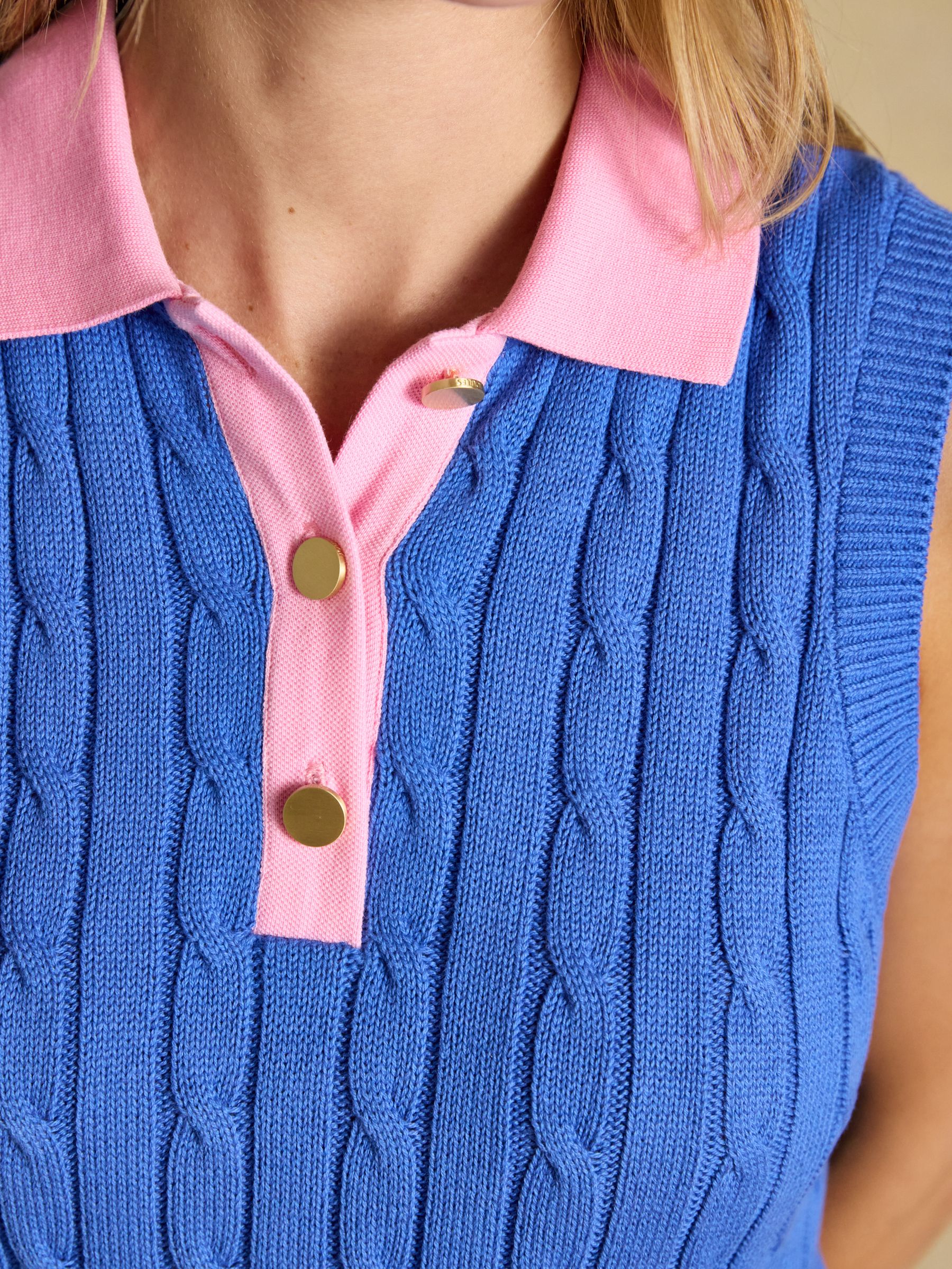 Blue & Pink Cotton Collared Cable Knitted Vest - Image 8 of 9