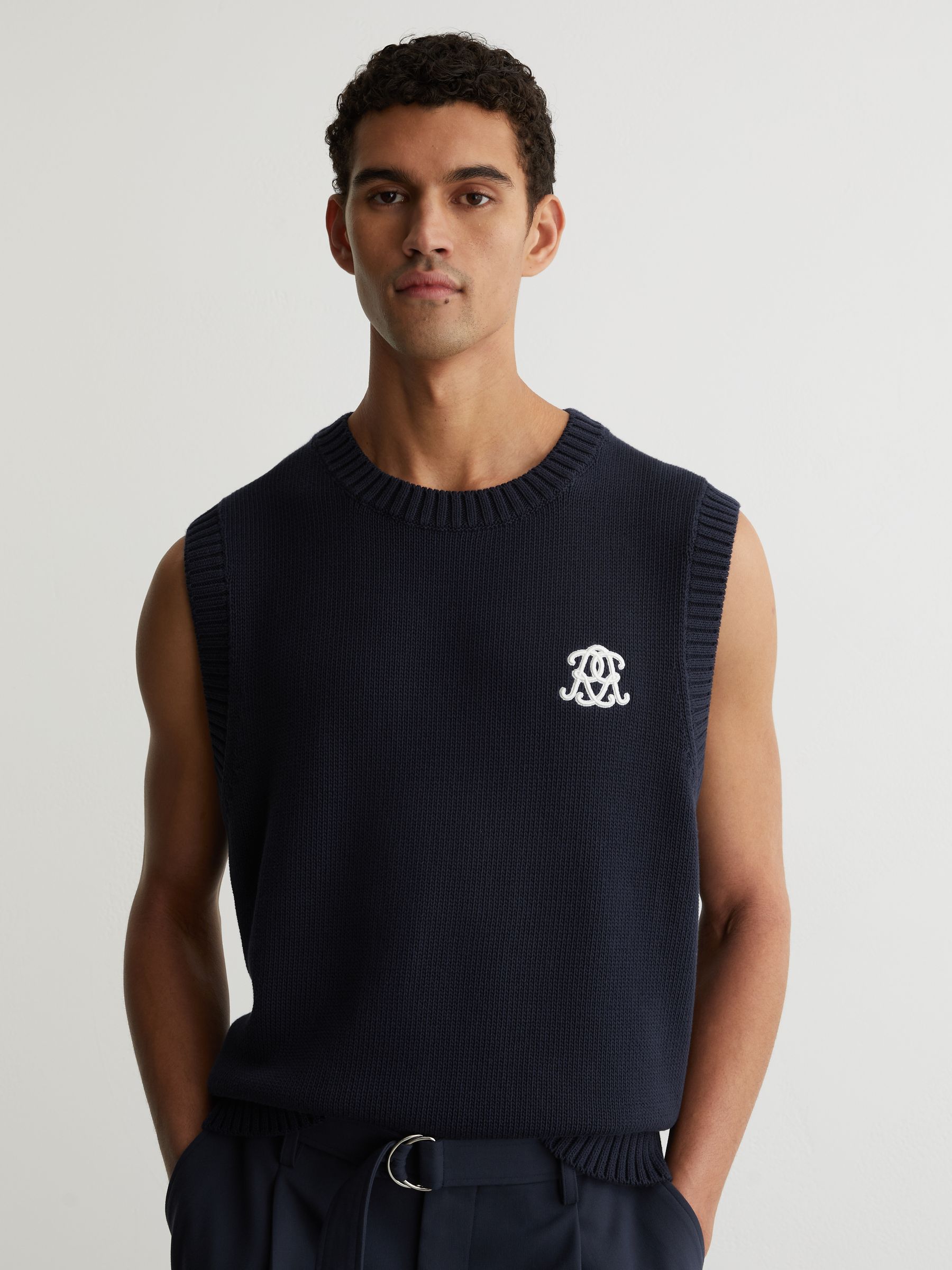 Monogram Embroidered Relaxed Knit Vest in Navy - Image 1 of 7