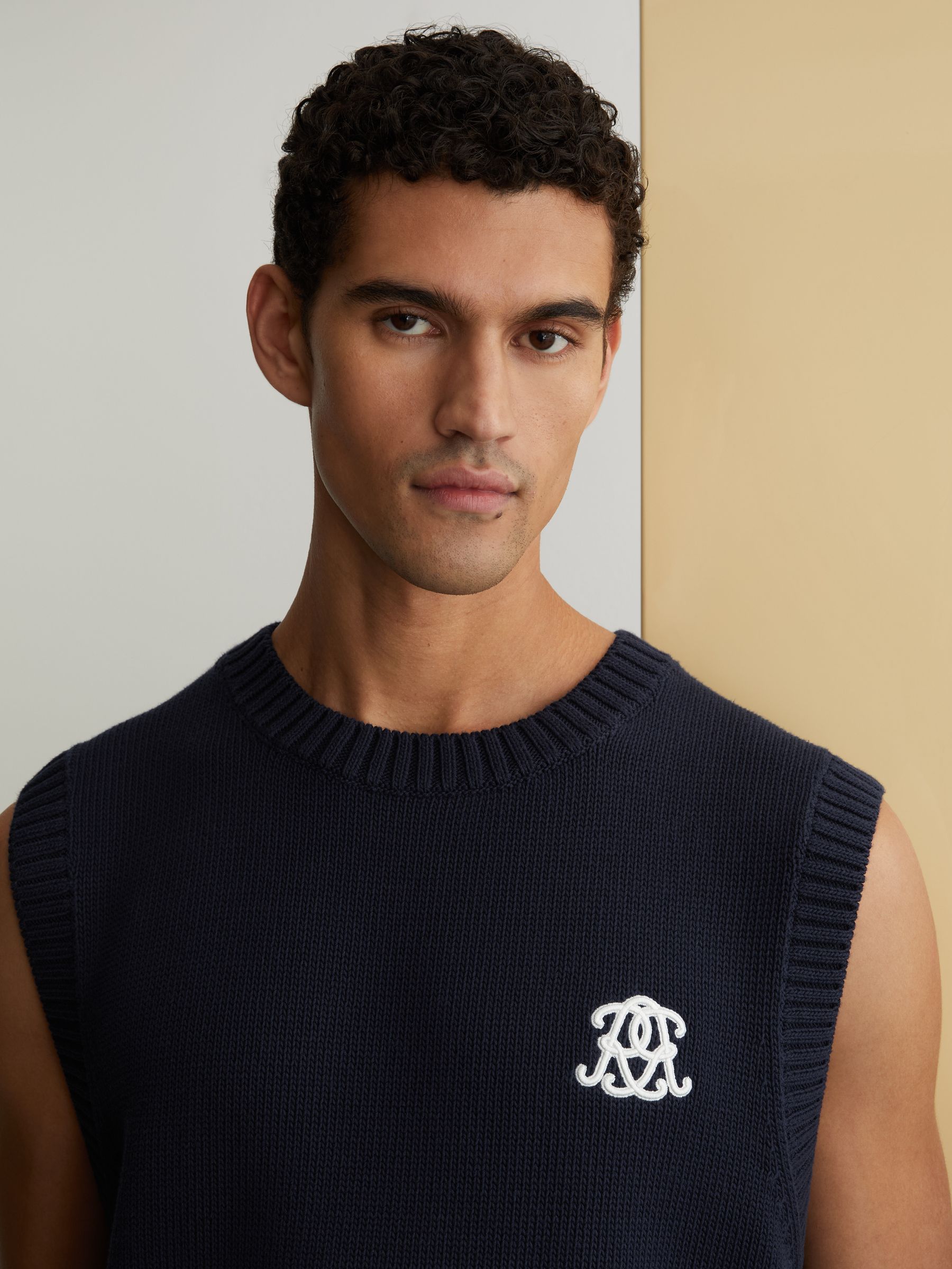 Monogram Embroidered Relaxed Knit Vest in Navy - Image 5 of 7