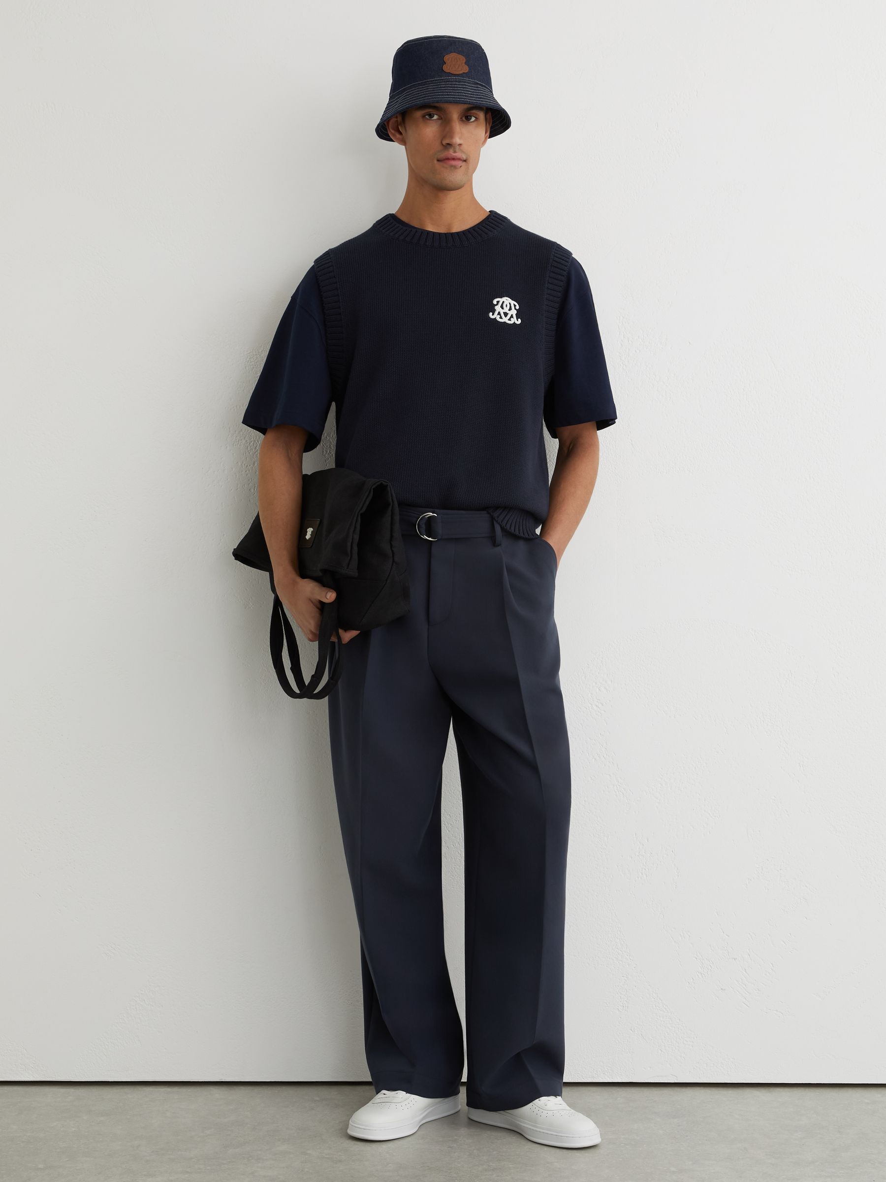 Monogram Embroidered Relaxed Knit Vest in Navy - Image 6 of 7