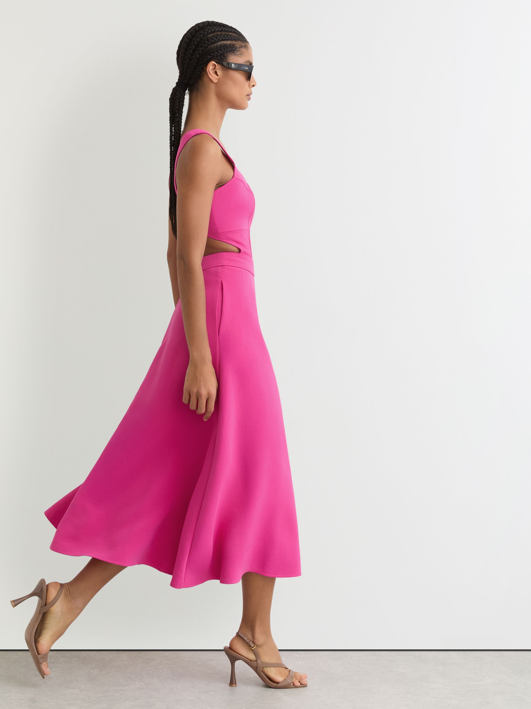 Waisted Cut-Out Twill Midi Dress in Raspberry Pink - Image 1 of 7