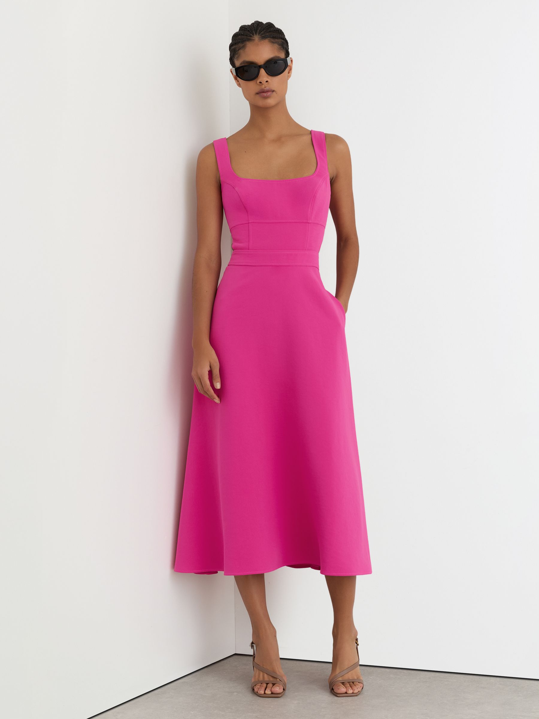 Waisted Cut-Out Twill Midi Dress in Raspberry Pink - Image 3 of 7