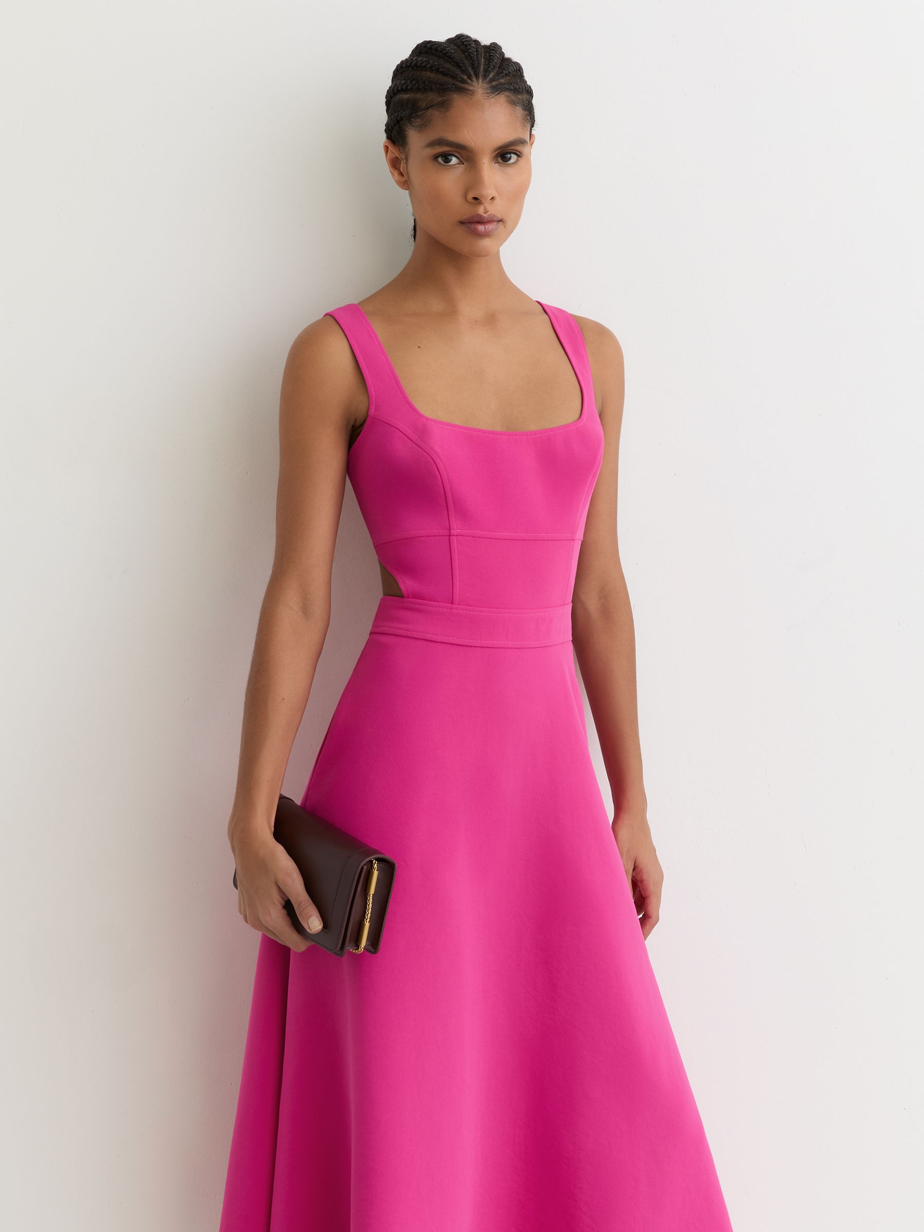 Waisted Cut-Out Twill Midi Dress in Raspberry Pink - Image 4 of 7