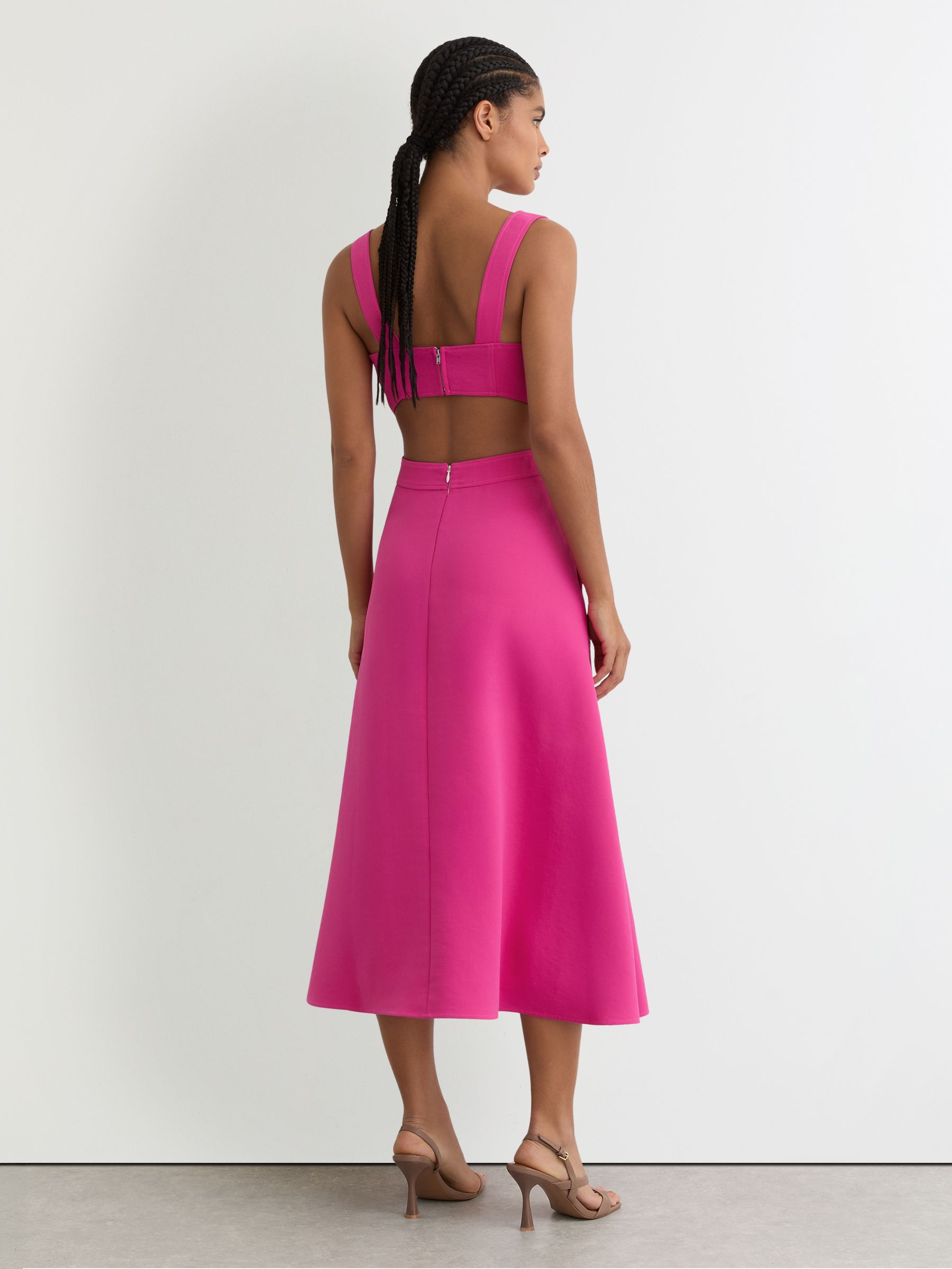 Waisted Cut-Out Twill Midi Dress in Raspberry Pink - Image 6 of 7