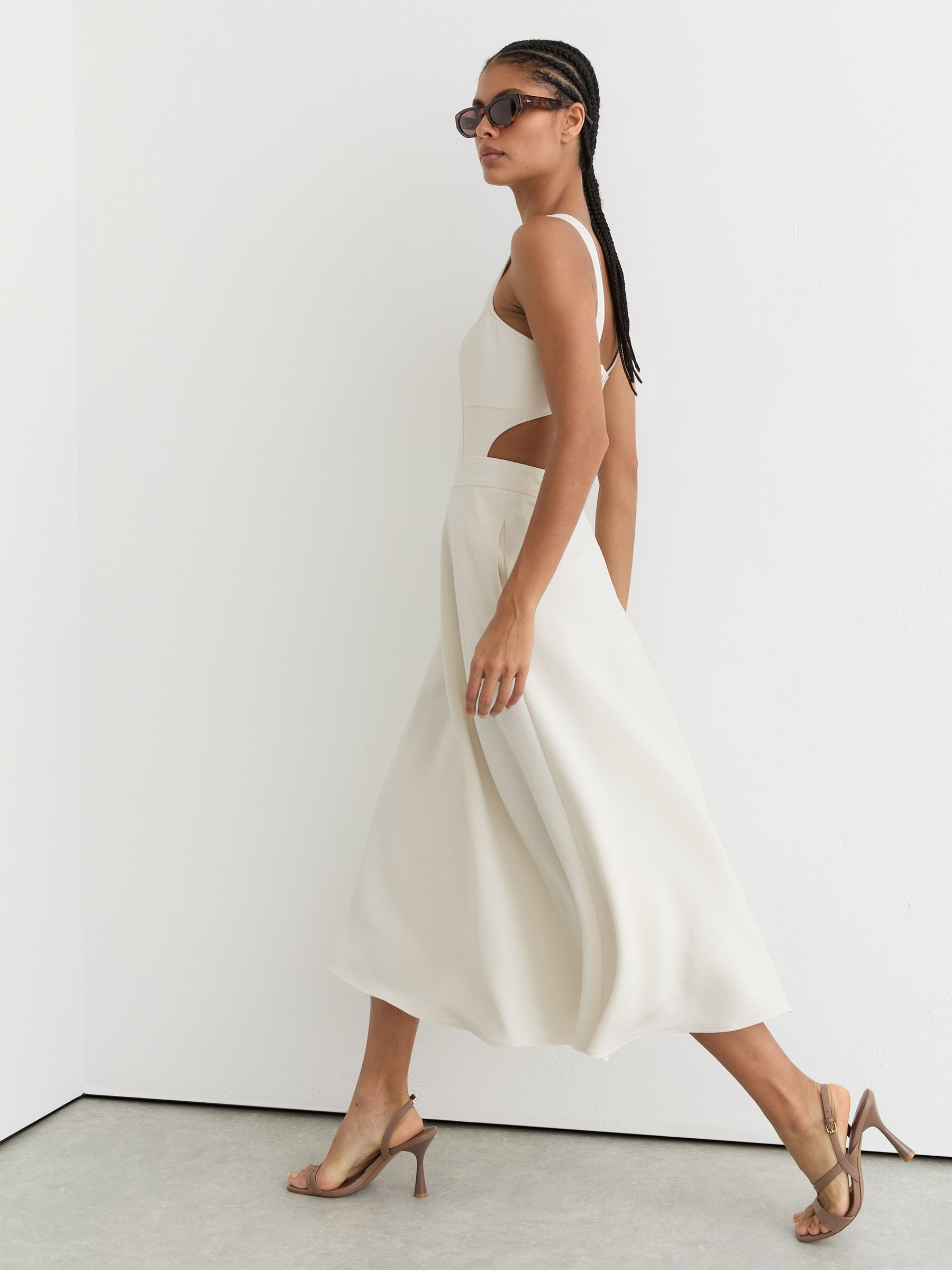 Waisted Cut-Out Twill Midi Dress in Ivory - Image 1 of 8 Waisted Cut-Out Twill Midi Dress in Ivory - Image 1 of 8