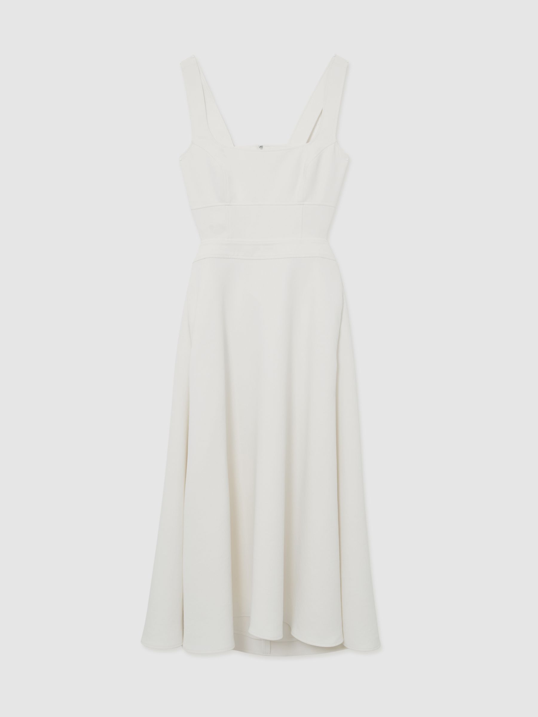 Waisted Cut-Out Twill Midi Dress in Ivory - Image 2 of 8 Waisted Cut-Out Twill Midi Dress in Ivory - Image 2 of 8
