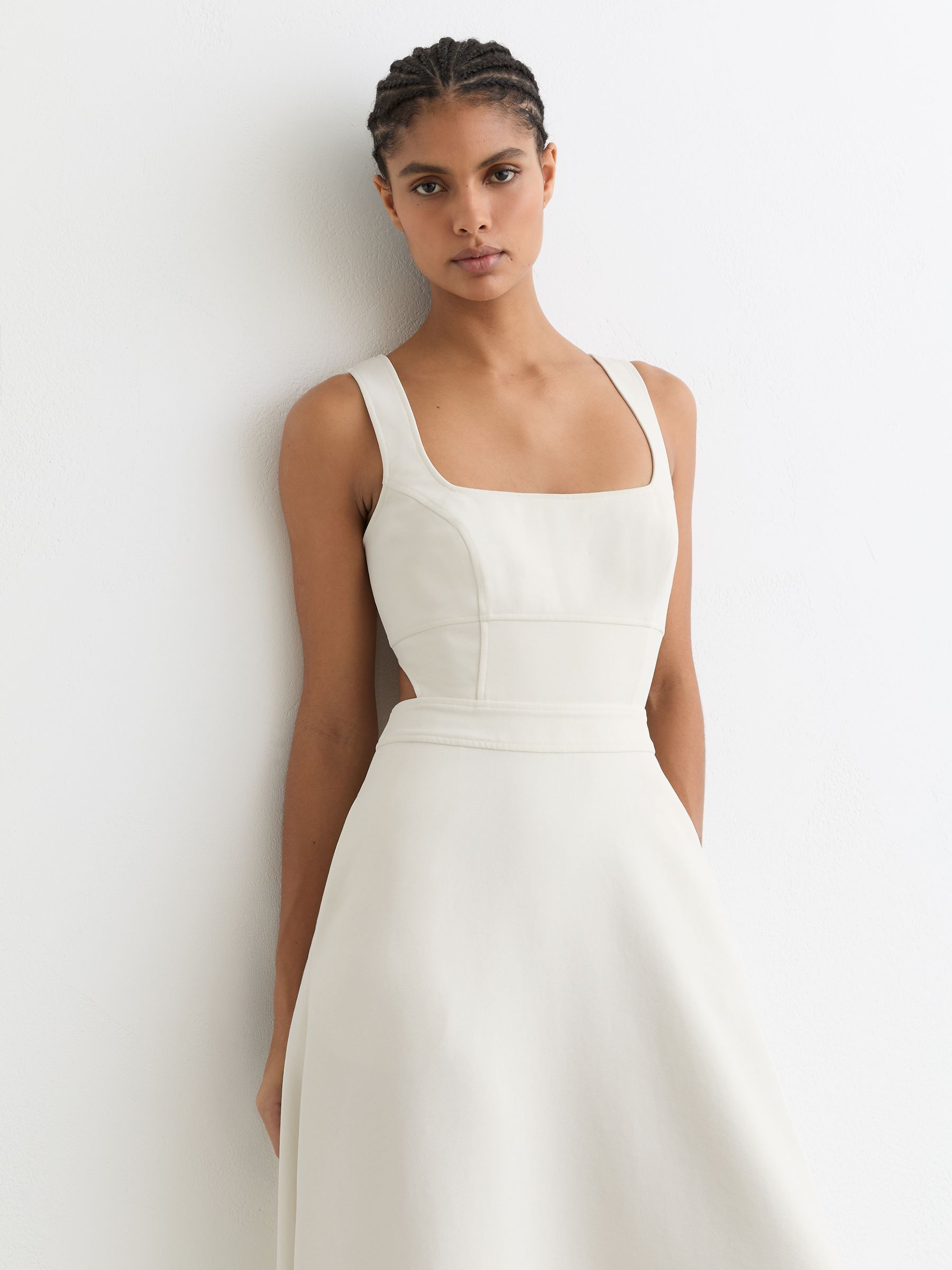 Waisted Cut-Out Twill Midi Dress in Ivory - Image 3 of 8