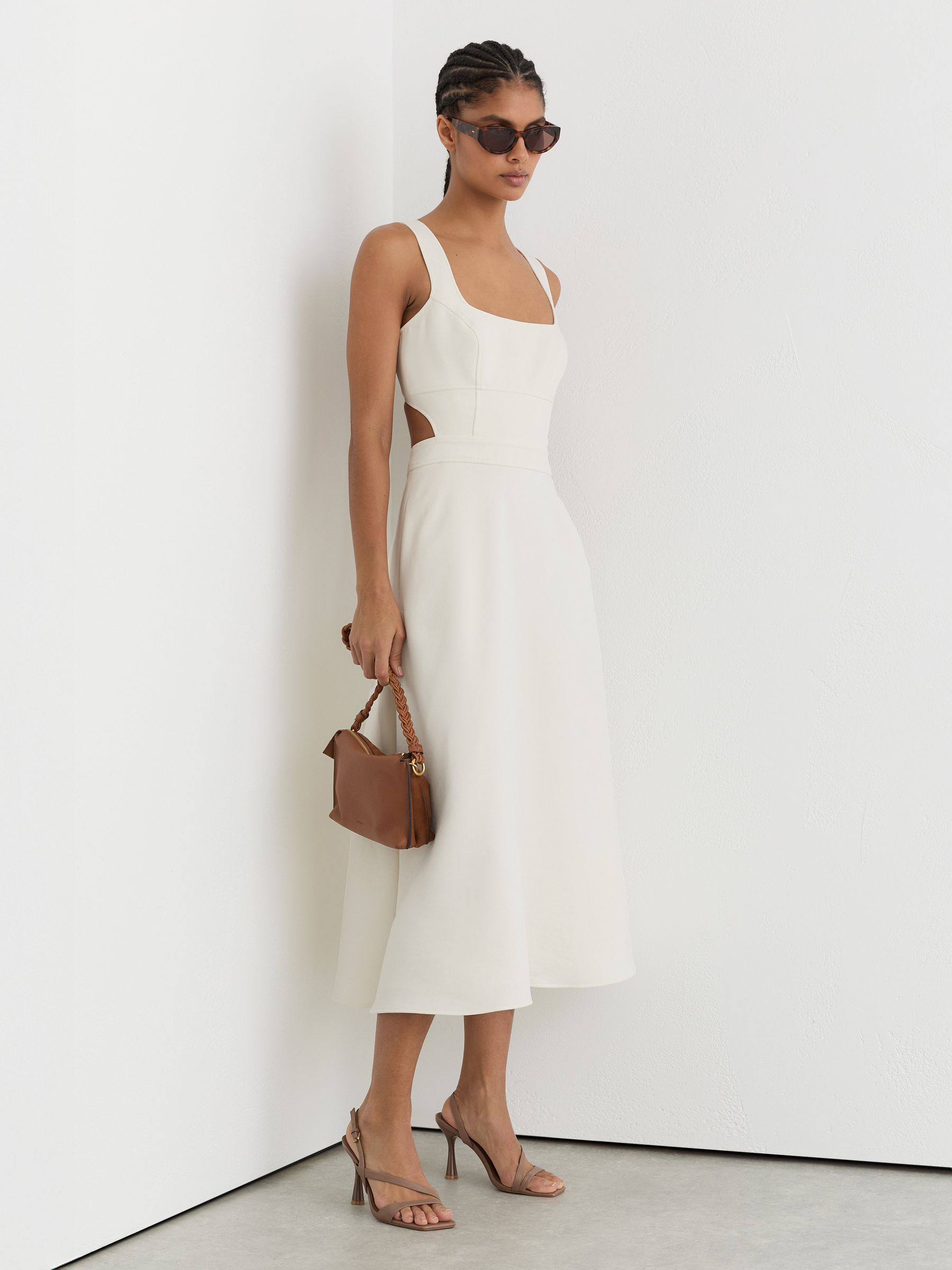 Waisted Cut-Out Twill Midi Dress in Ivory - Image 4 of 8