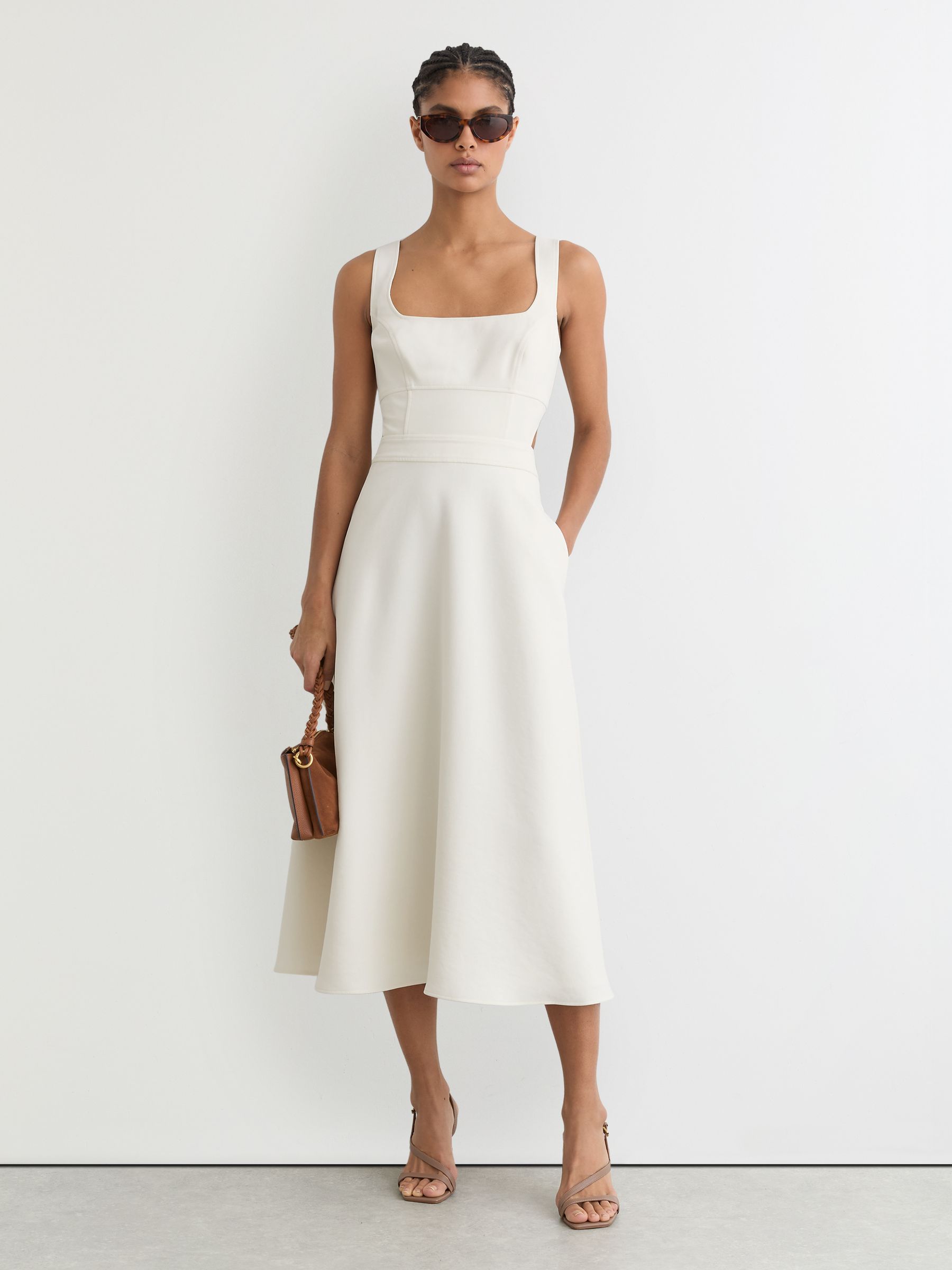 Waisted Cut-Out Twill Midi Dress in Ivory - Image 6 of 8