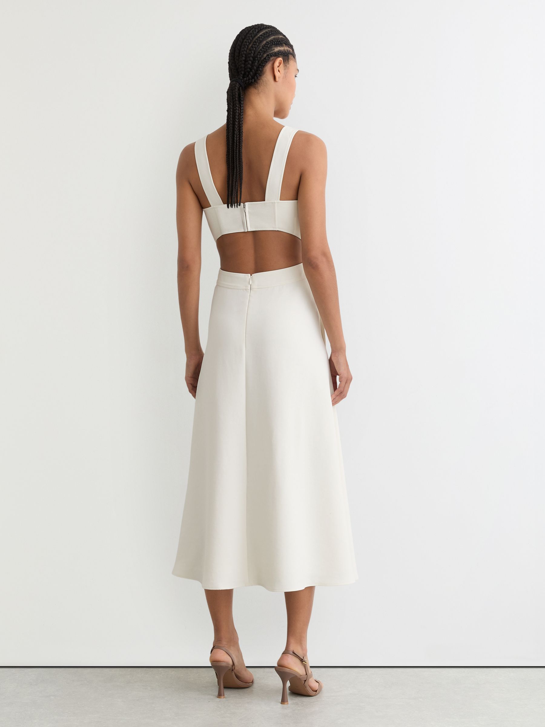 Waisted Cut-Out Twill Midi Dress in Ivory - image 4