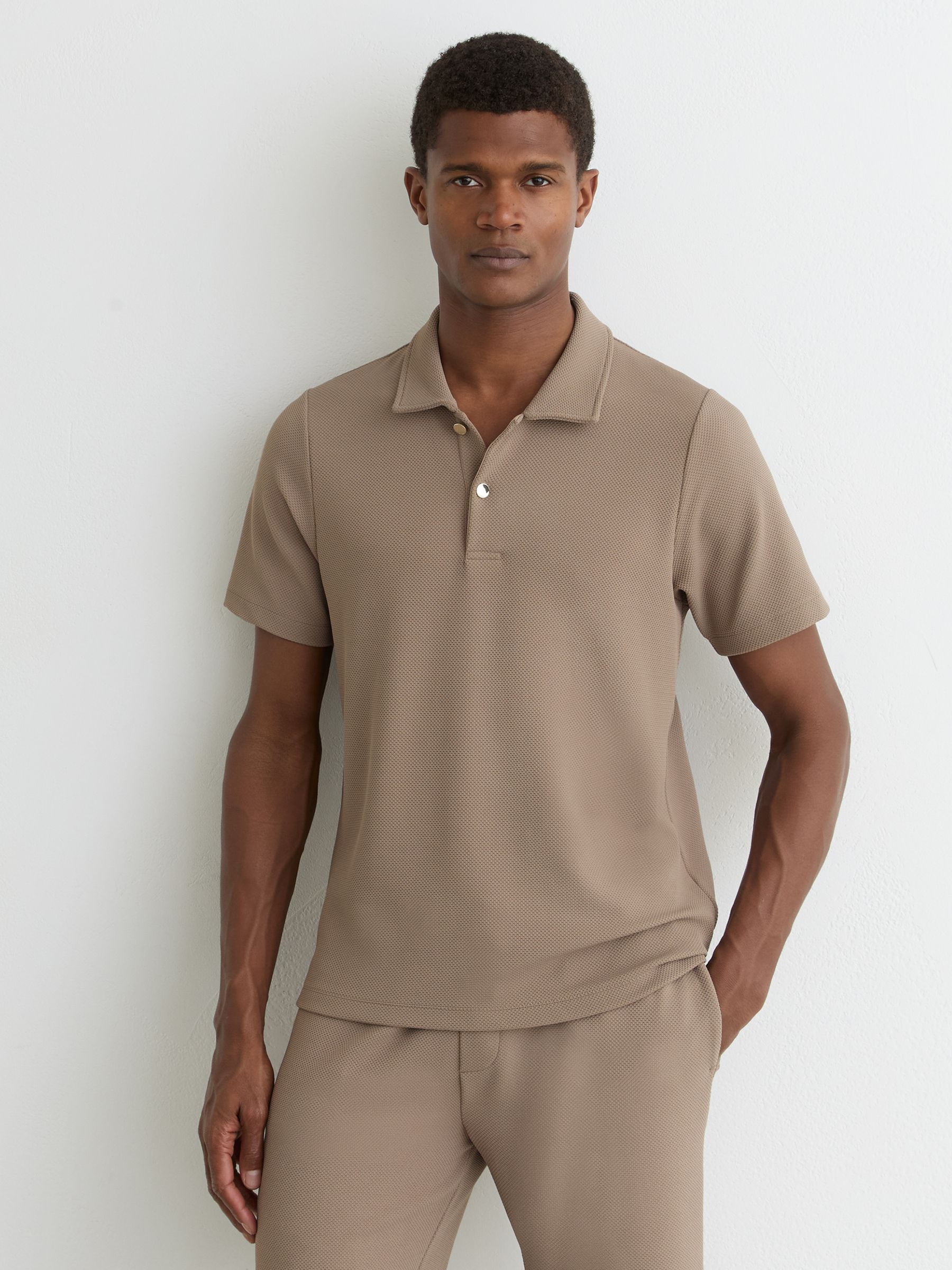 Textured Half-Button Polo Shirt in Camel Brown - image 2