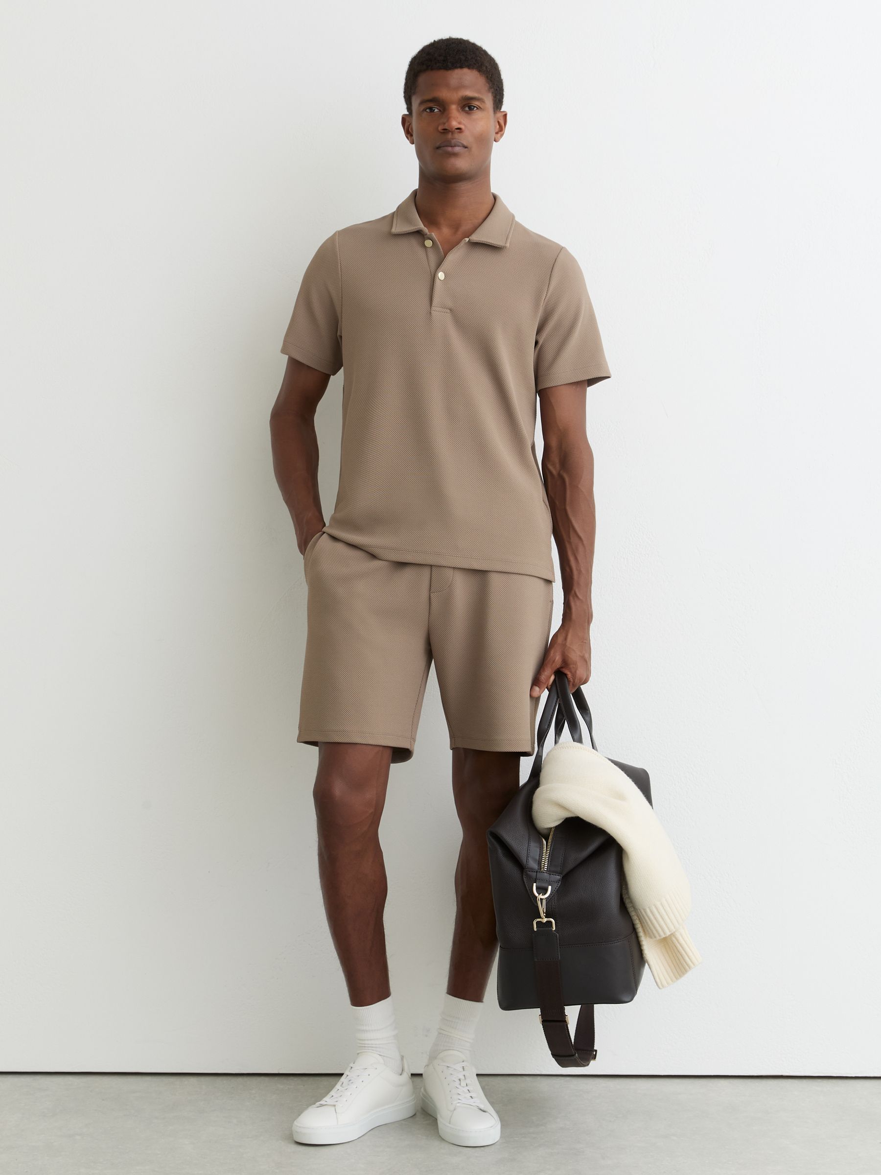 Textured Half-Button Polo Shirt in Camel Brown - Image 3 of 7