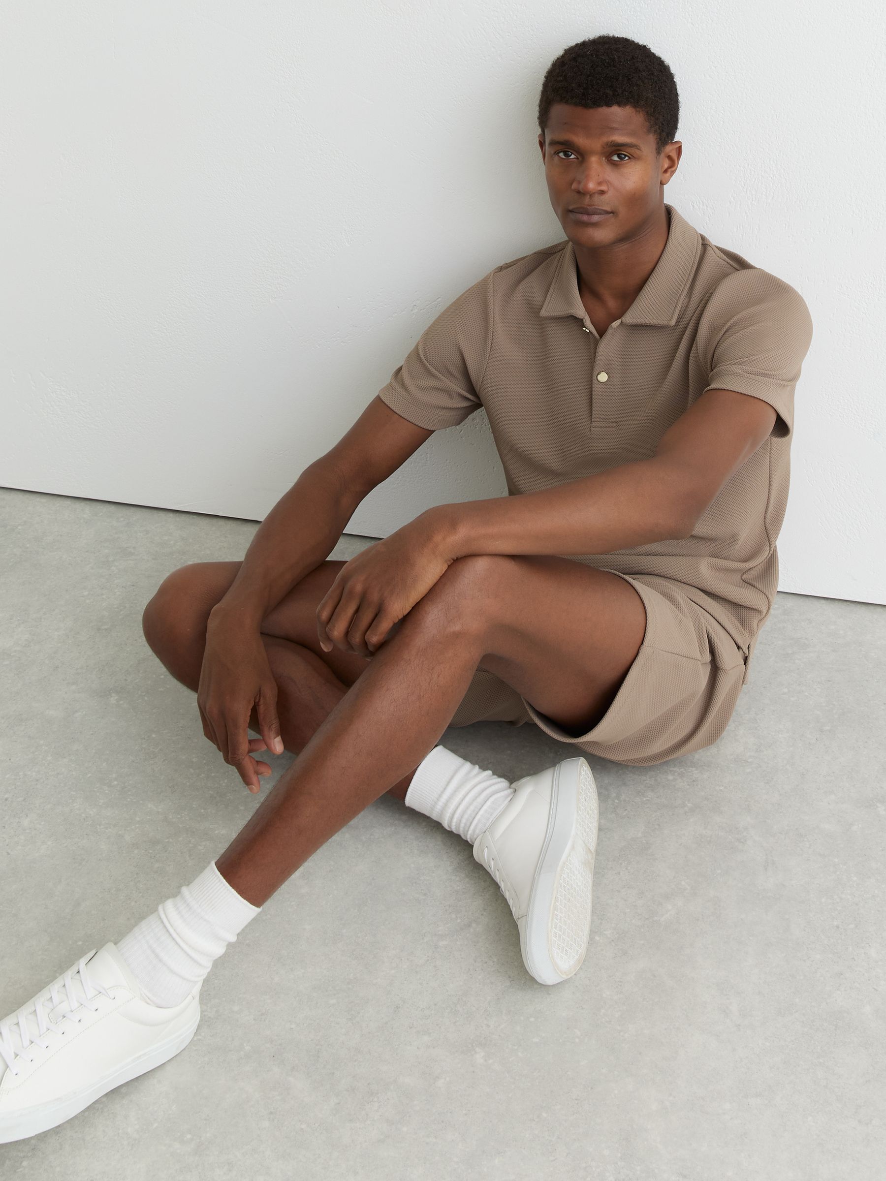 Textured Half-Button Polo Shirt in Camel Brown - image 5