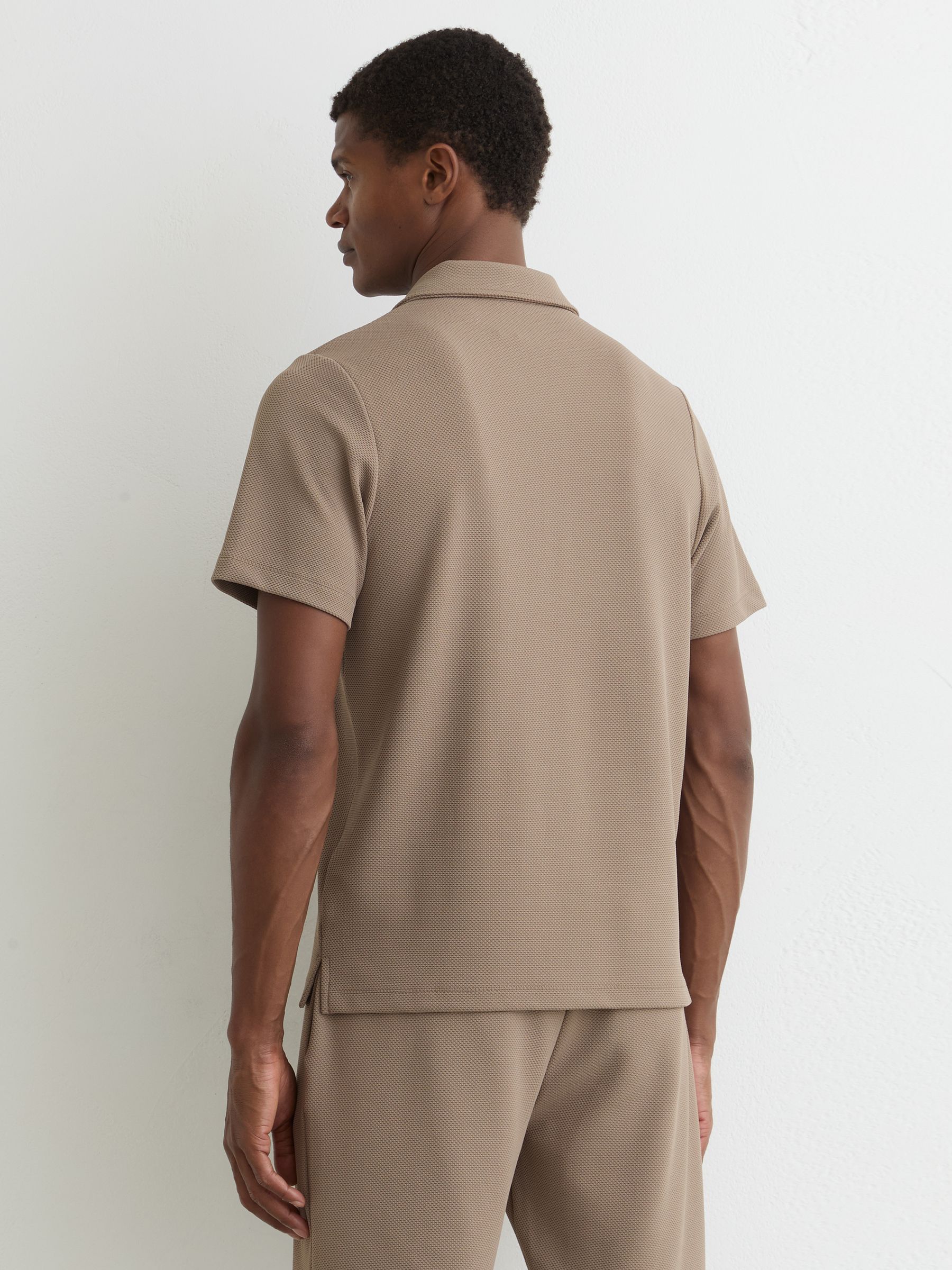 Textured Half-Button Polo Shirt in Camel Brown - image 3