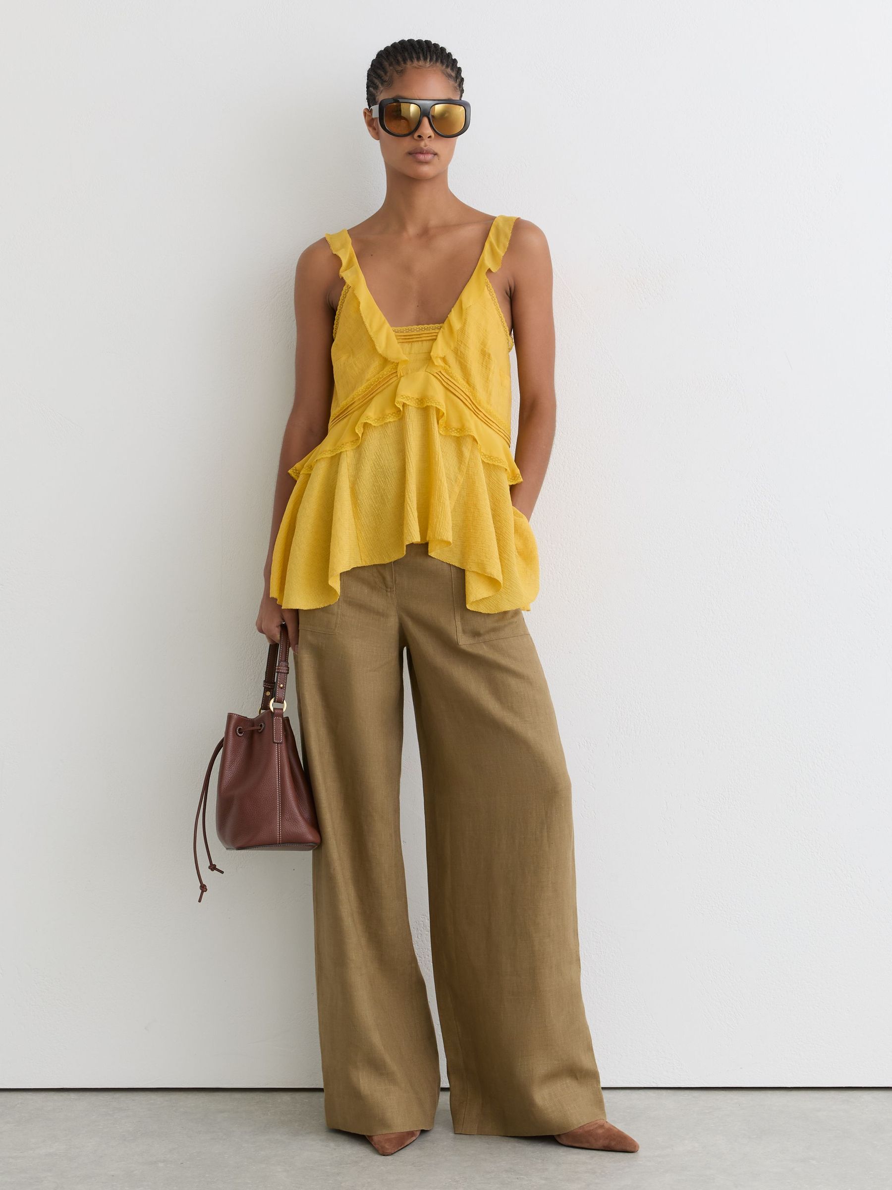 Linen Wide-Leg Trousers in Light Khaki Green - Image 1 of 7