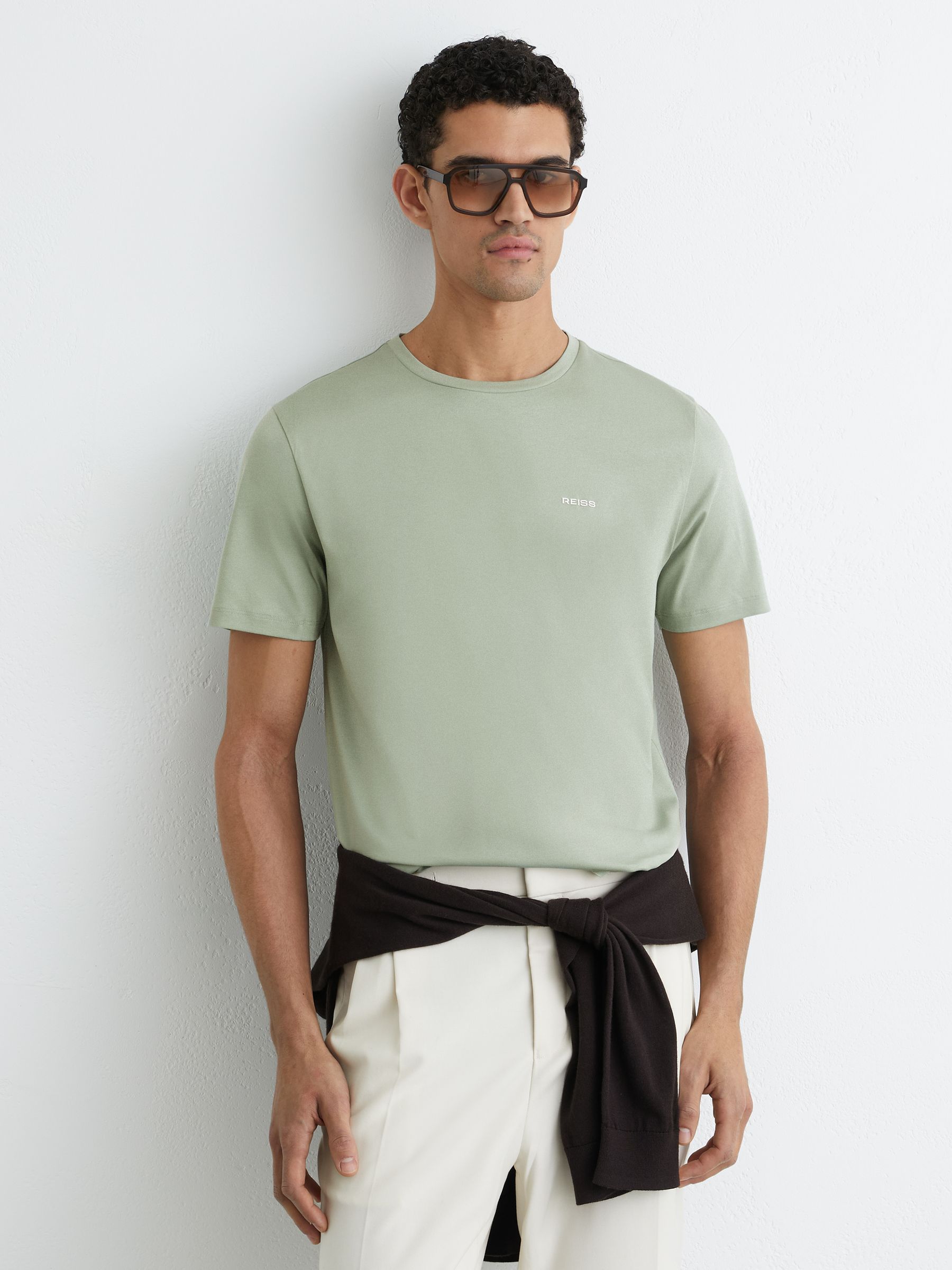 Cotton Logo Crew-Neck T-shirt in Sage Green - Image 4 of 6