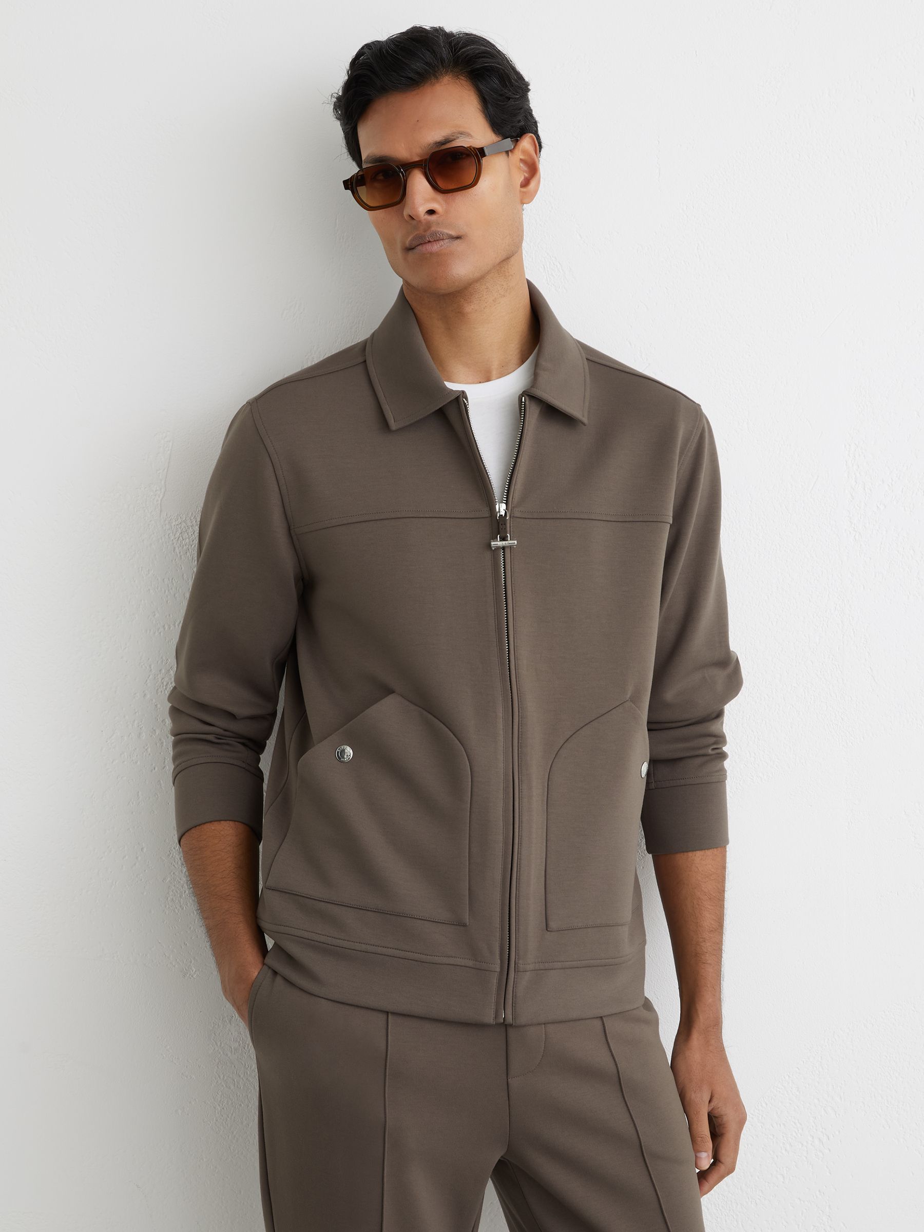 Premium Interlock Zip-Through Overshirt in Light Brown - Image 1 of 7