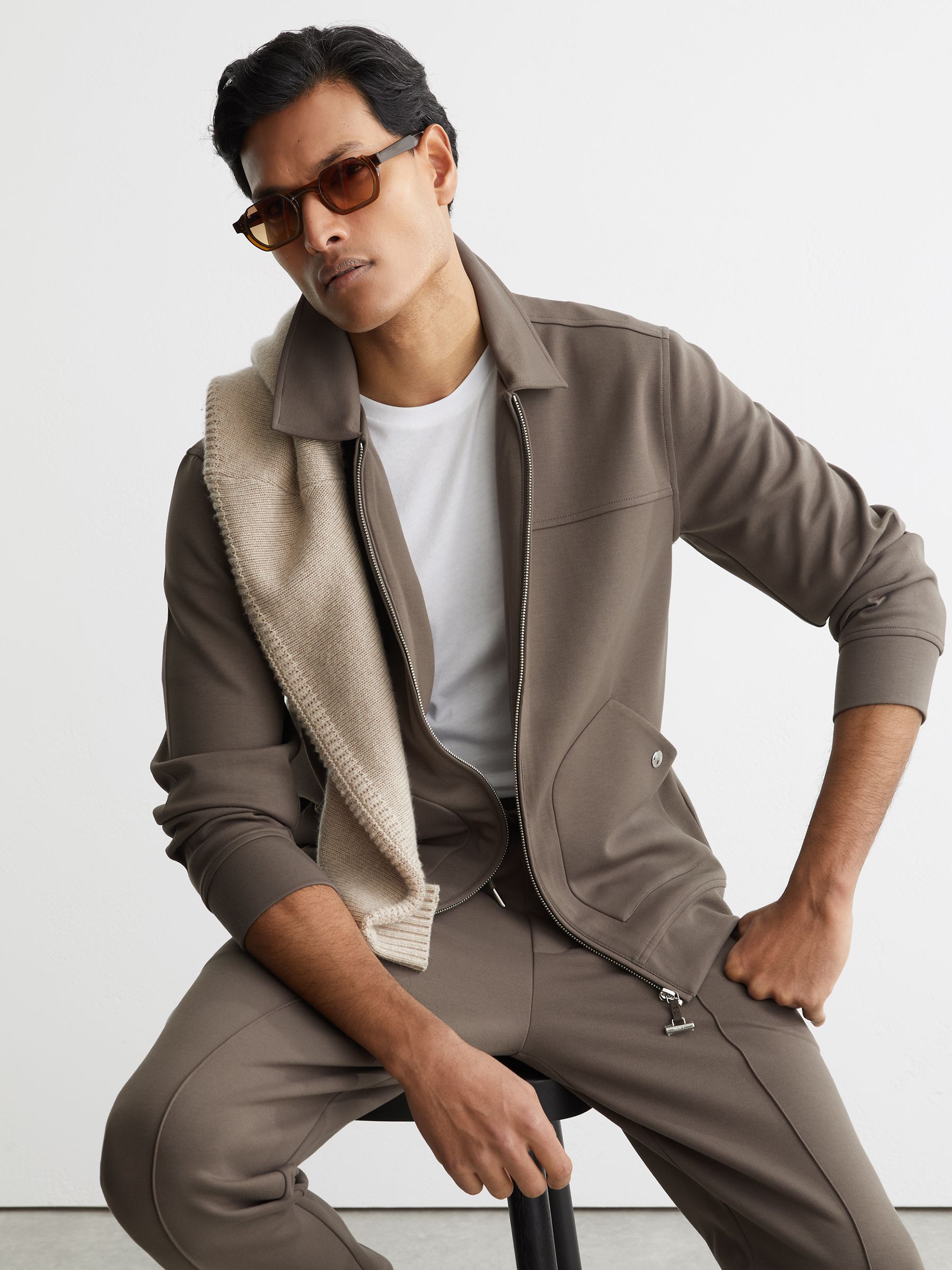 Premium Interlock Zip-Through Overshirt in Light Brown - Image 4 of 7