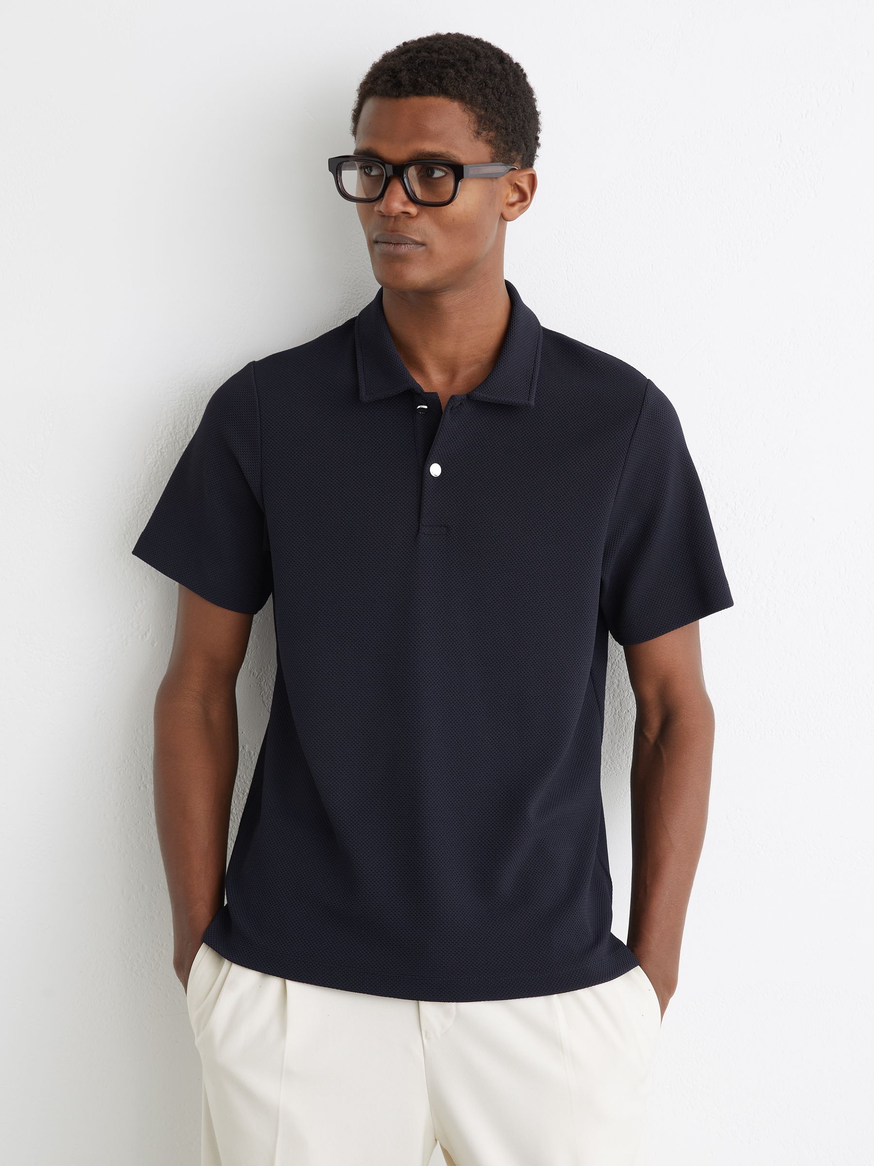 Textured Half-Button Polo Shirt in Navy - Image 1 of 6