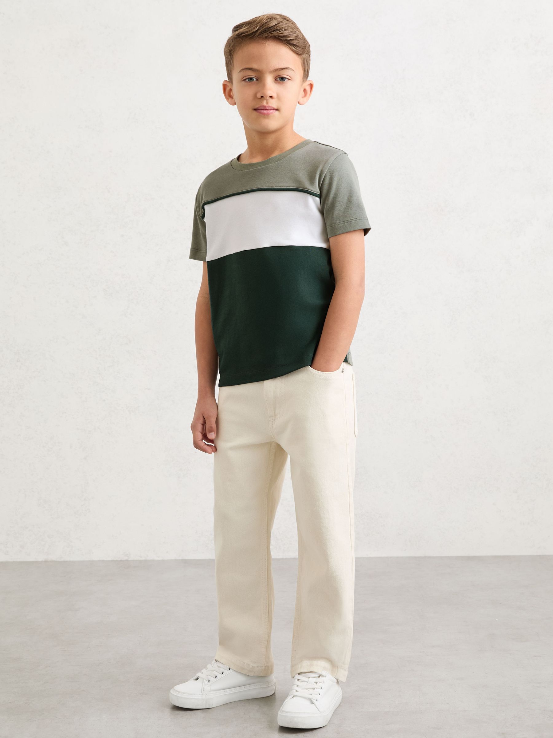 Cotton Colour-Block T-Shirt in Dark Green/Sage/Off White - Image 2 de 4 Cotton Colour-Block T-Shirt in Dark Green/Sage/Off White - Image 2 de 4