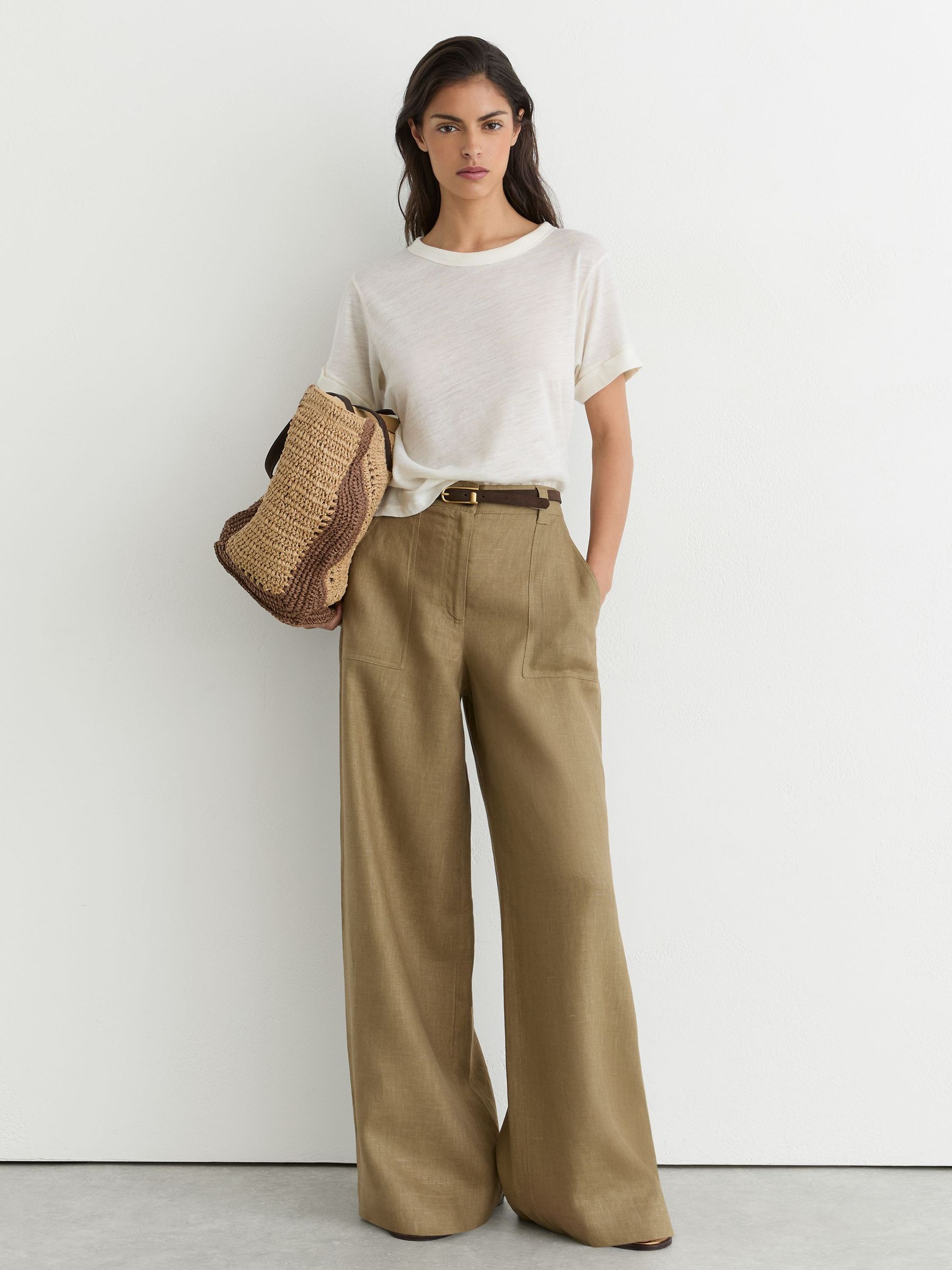 Petite Linen Wide-Leg Trousers in Light Khaki Green - image 3