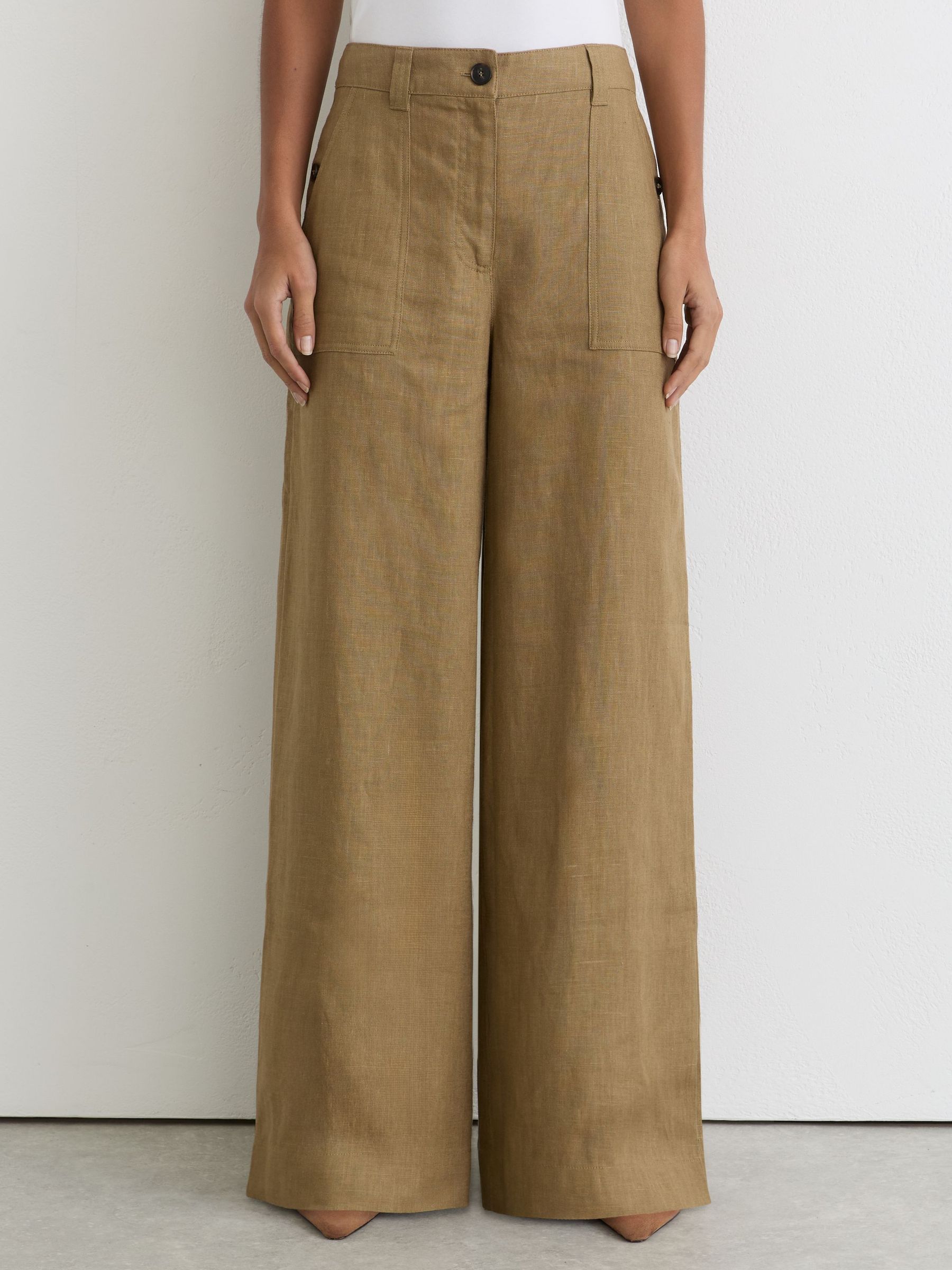 Petite Linen Wide-Leg Trousers in Light Khaki Green - Image 3 of 8