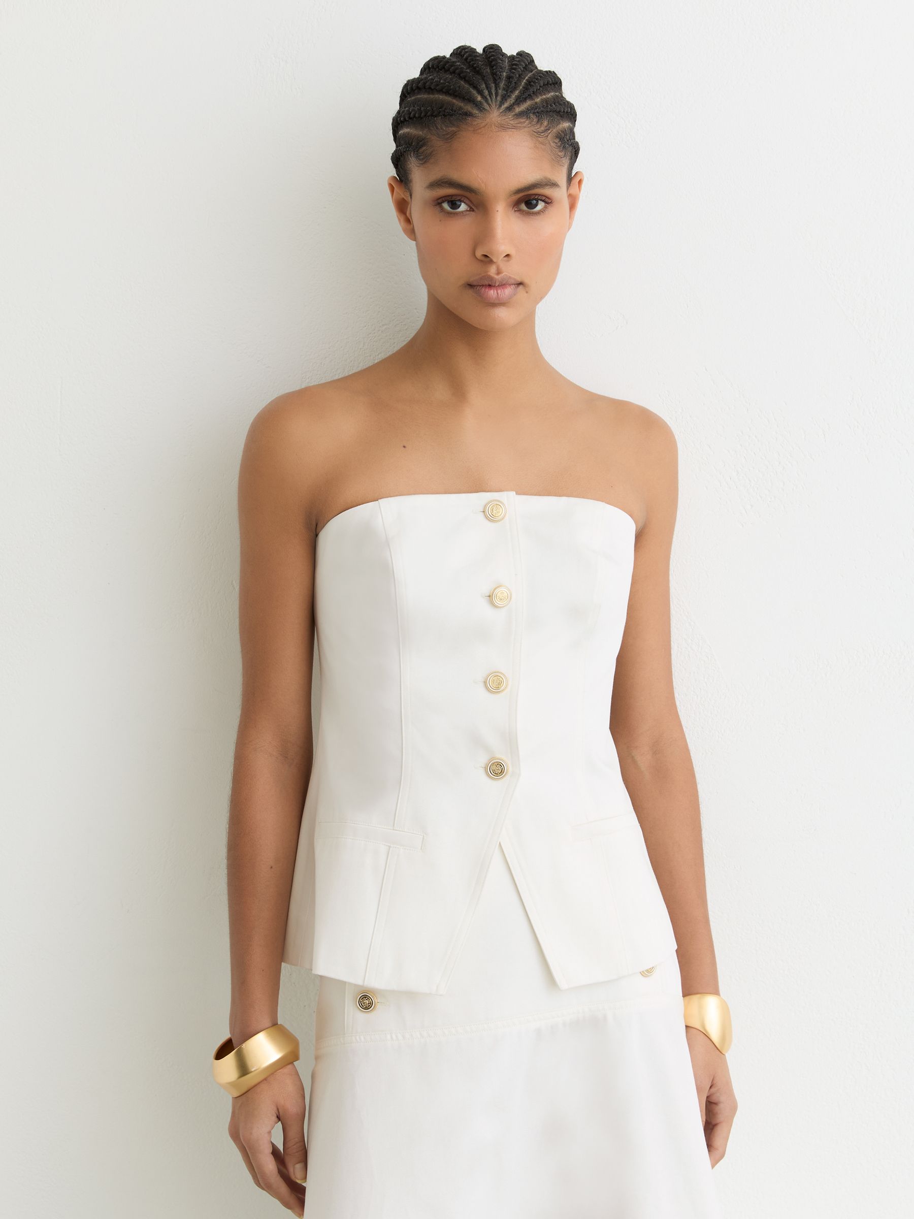 Cotton Strapless Button Waistcoat in Ivory - Image 1 of 6