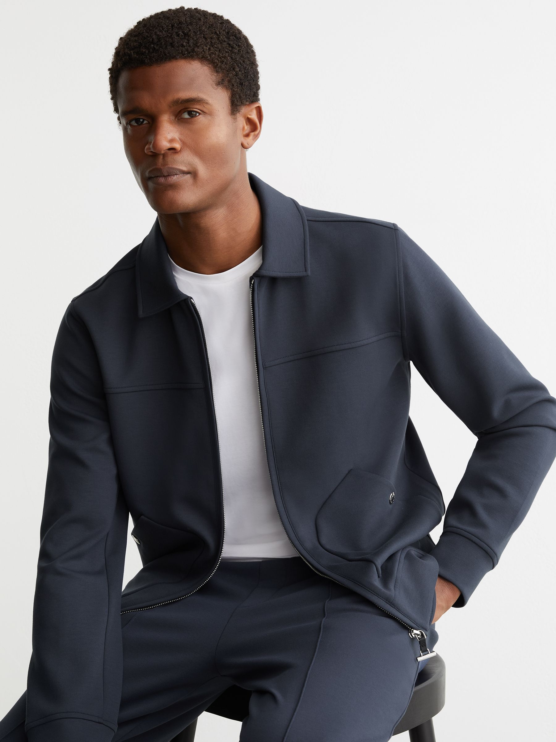 Premium Interlock Zip-Through Overshirt in Airforce Blue - Image 4 of 7