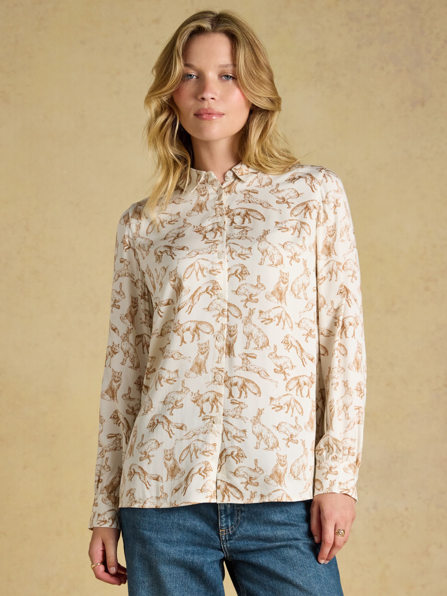 Elvina Cream Equestrian Print Satin Shirt - Image 1 of 7 Elvina Cream Equestrian Print Satin Shirt - Image 1 of 7