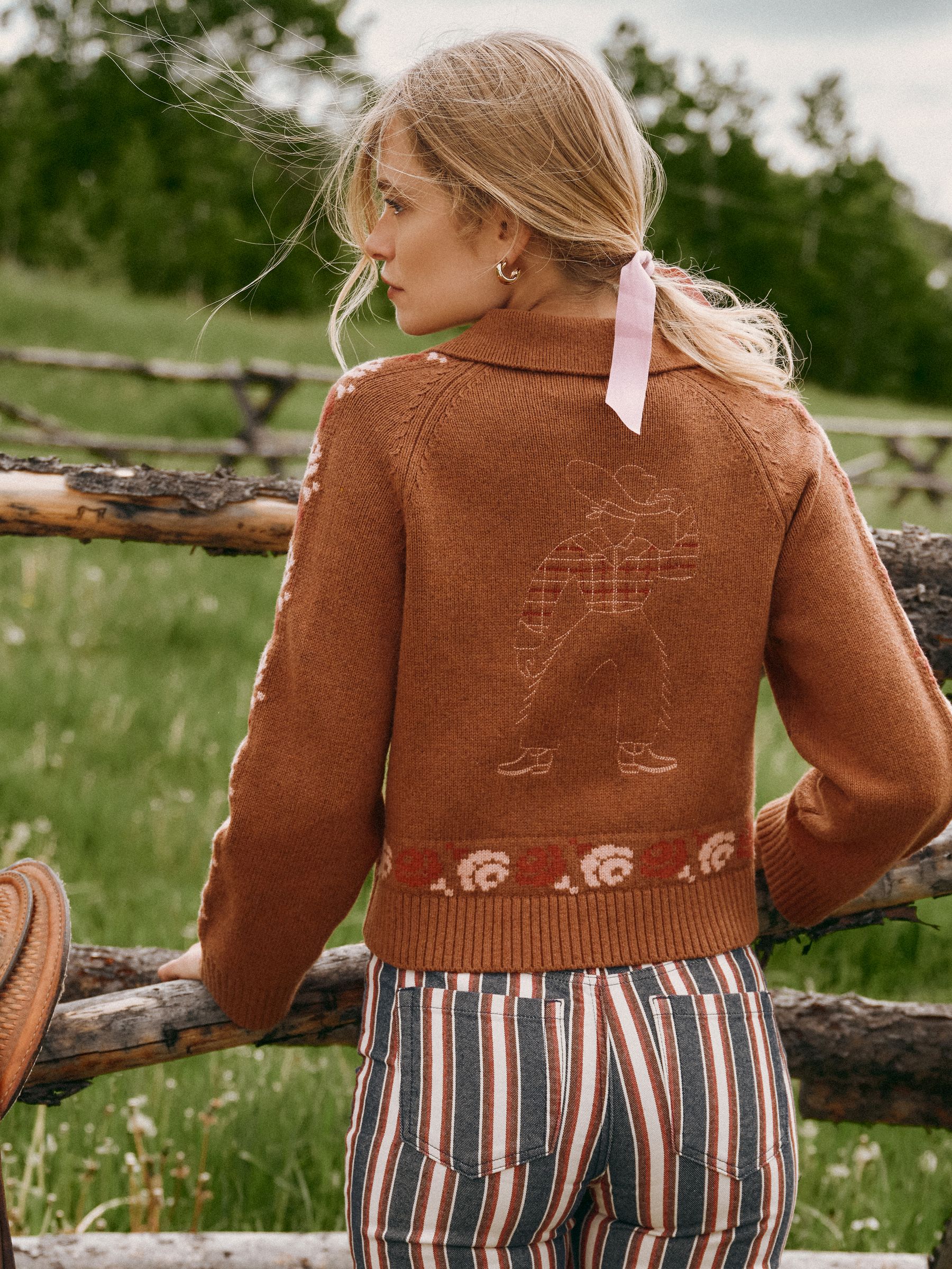 Embroidered Cowboy Tan Brown Cotton Blend Knitted Cardigan - Image 1 of 9