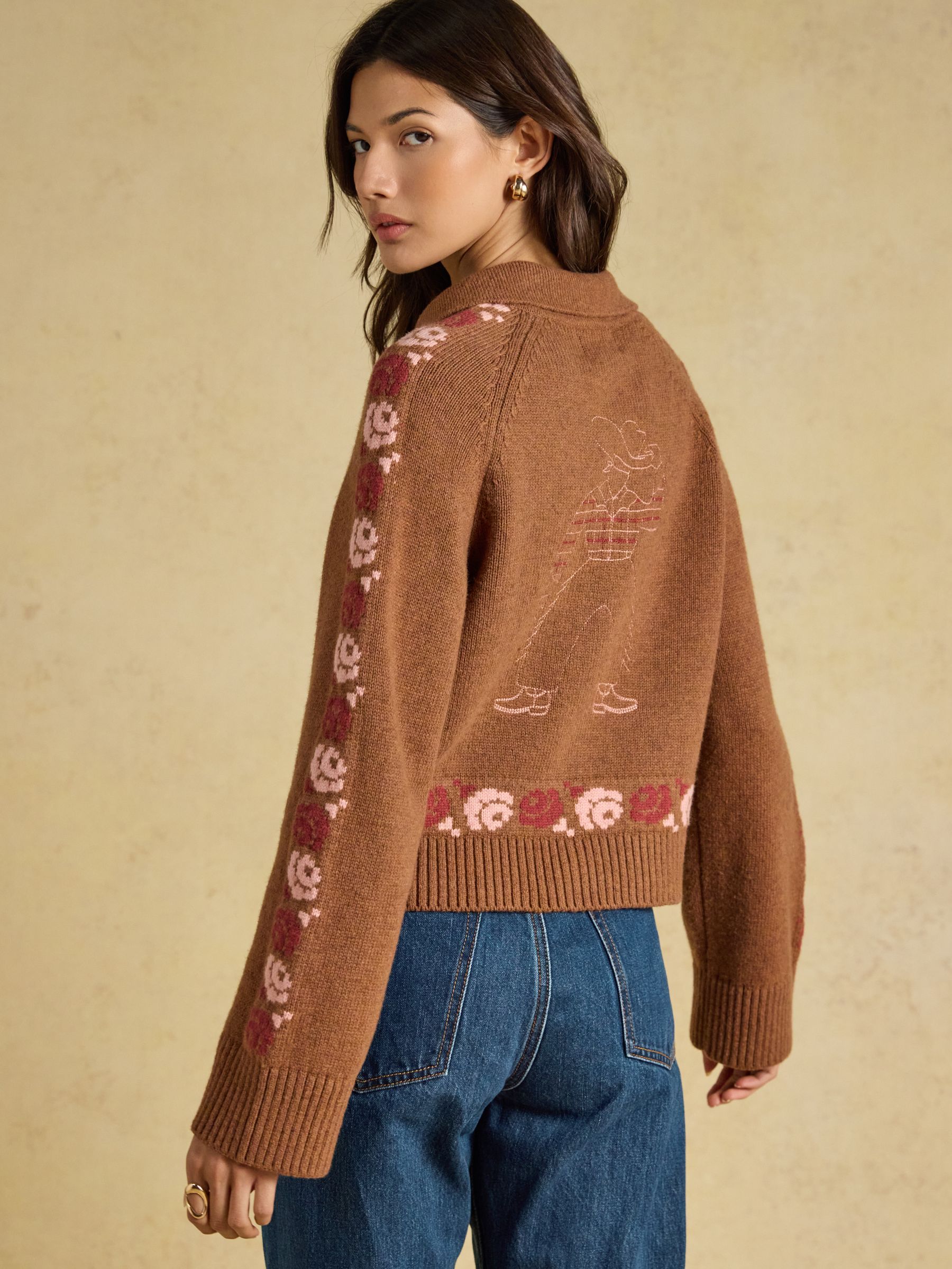 Embroidered Cowboy Tan Brown Cotton Blend Knitted Cardigan - Image 4 of 9