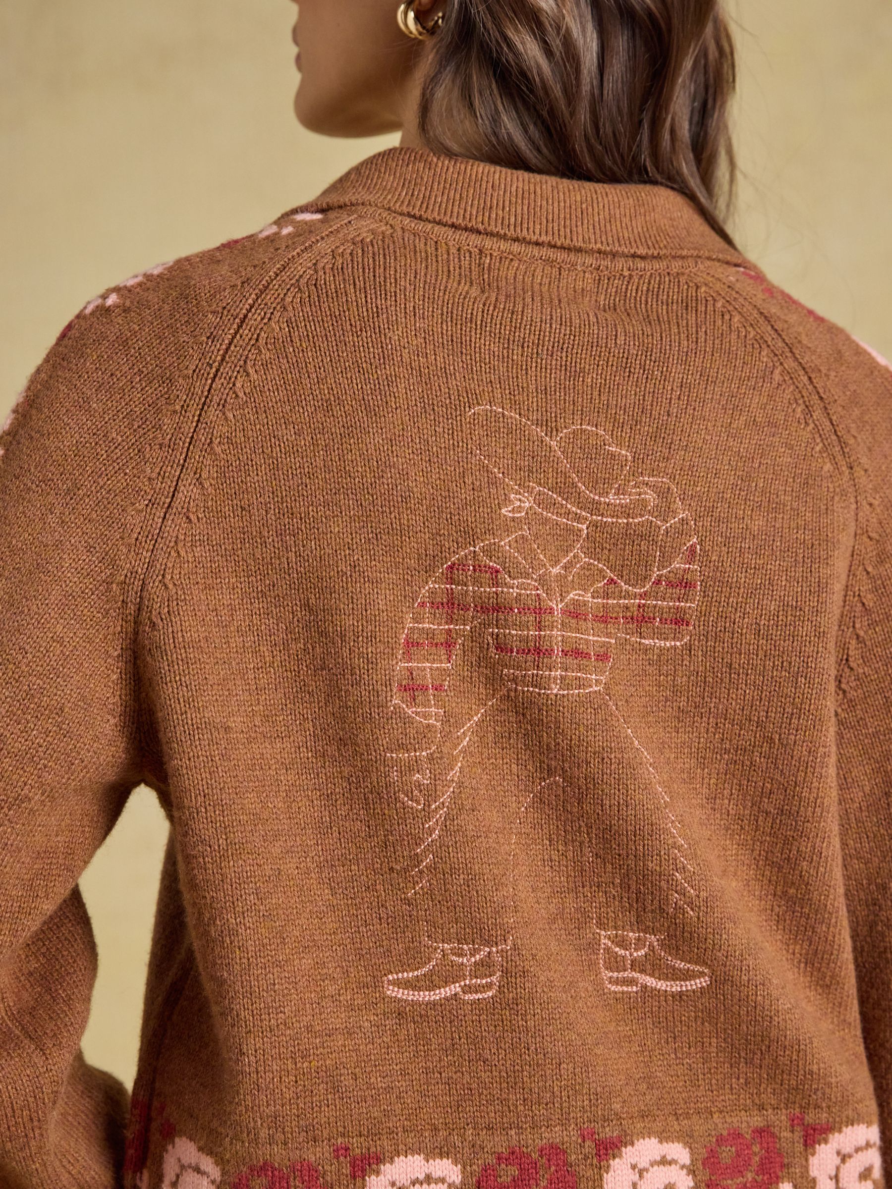 Embroidered Cowboy Tan Brown Cotton Blend Knitted Cardigan - Image 6 of 9
