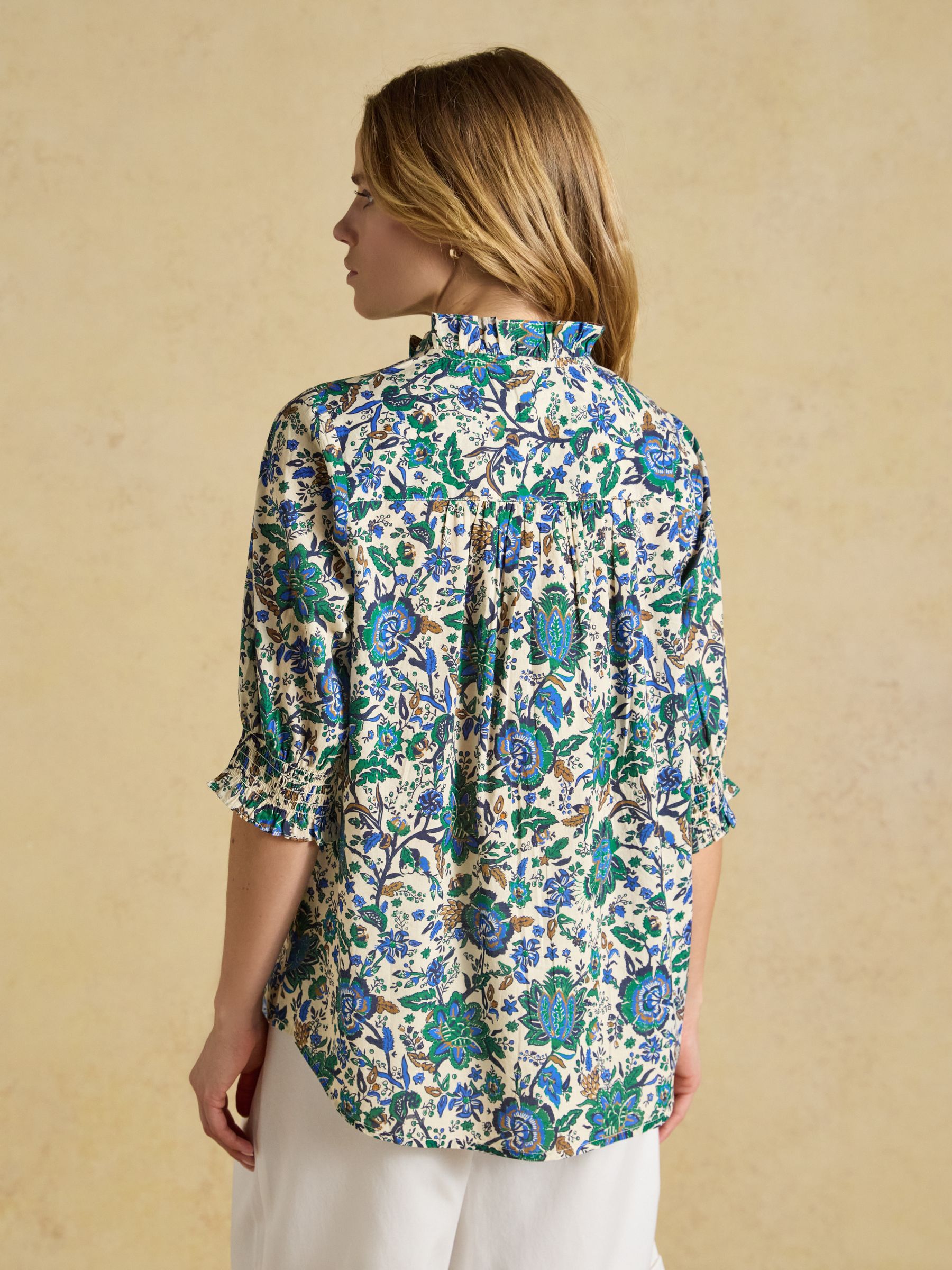 Melanie Blue & Green Floral Short Sleeve Frill Blouse - Image 2 of 5 Melanie Blue & Green Floral Short Sleeve Frill Blouse - Image 2 of 5