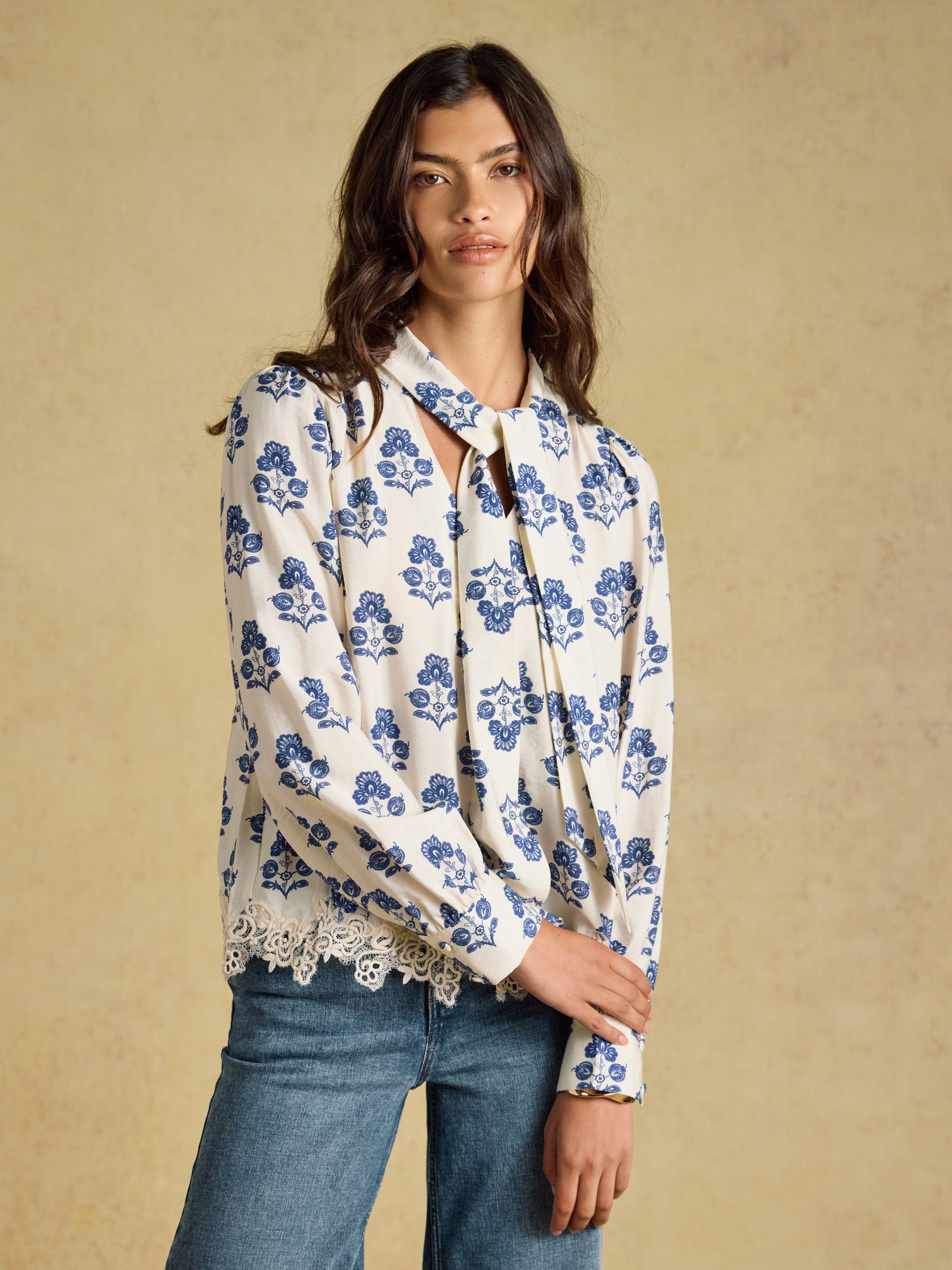 Juliet Cream Foulard Satin Lace Trim Blouse - Image 1 of 8