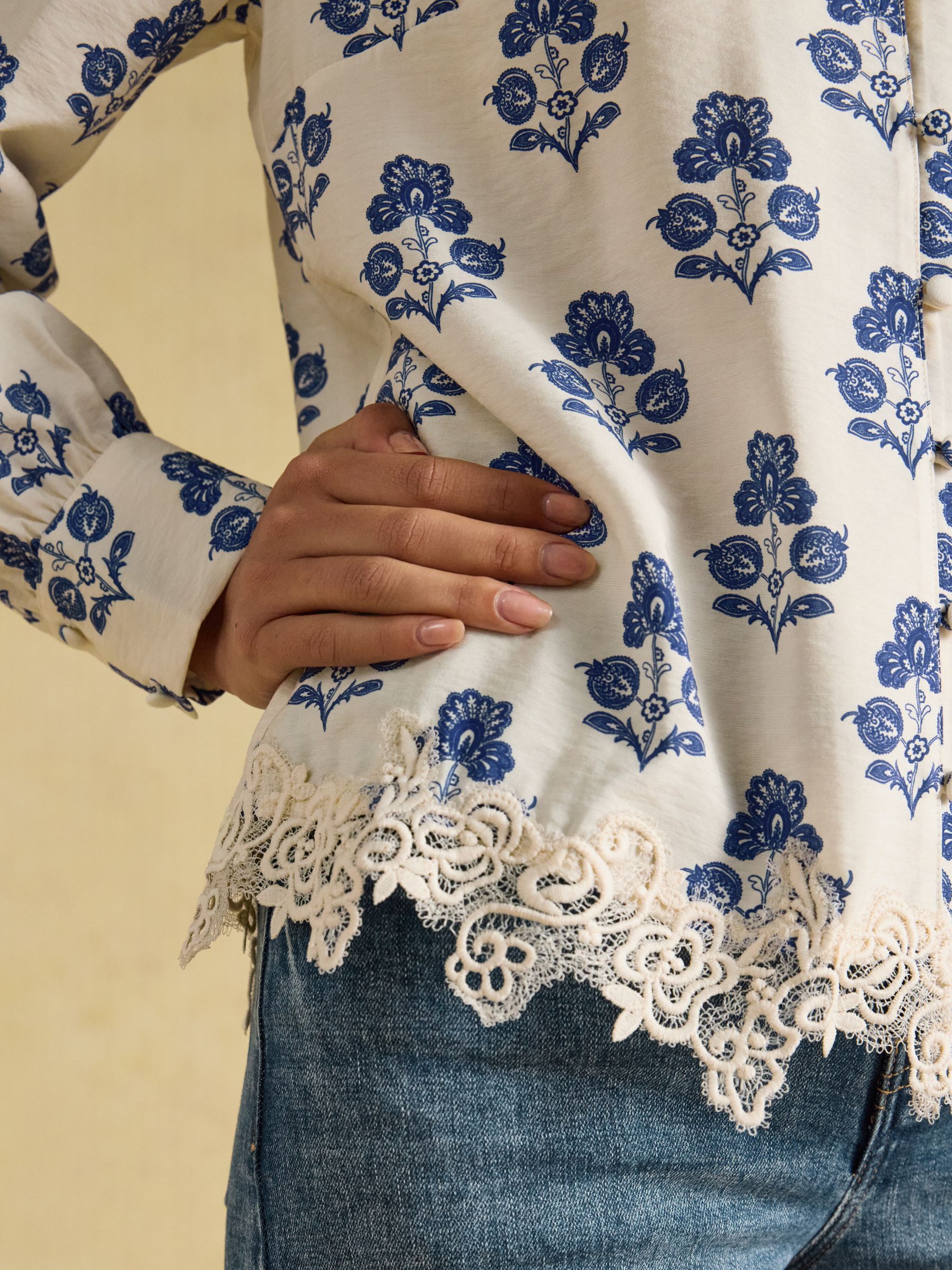 Juliet Cream Foulard Satin Lace Trim Blouse - Image 6 of 8