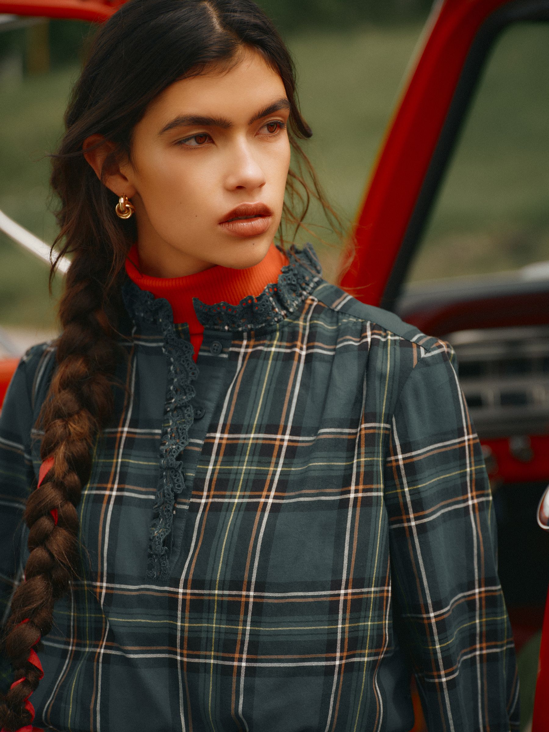 Melanie Green Check Brushed Frill Neck Blouse - Image 2 of 9