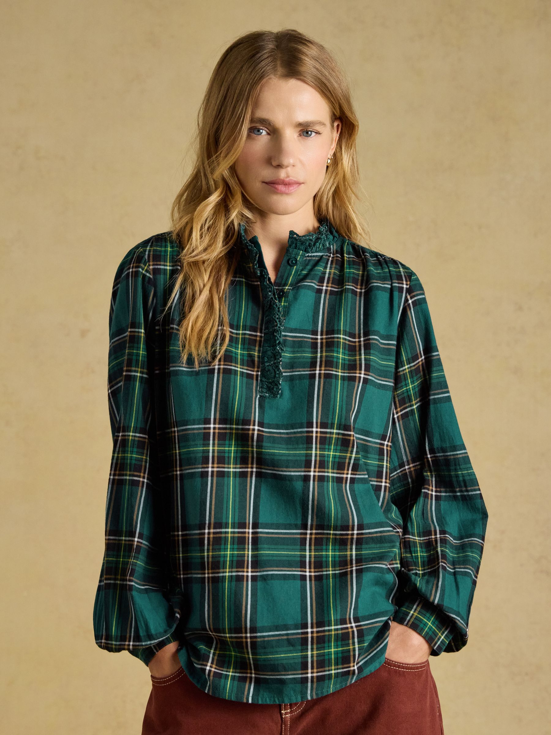 Melanie Green Check Brushed Frill Neck Blouse - Image 3 of 9