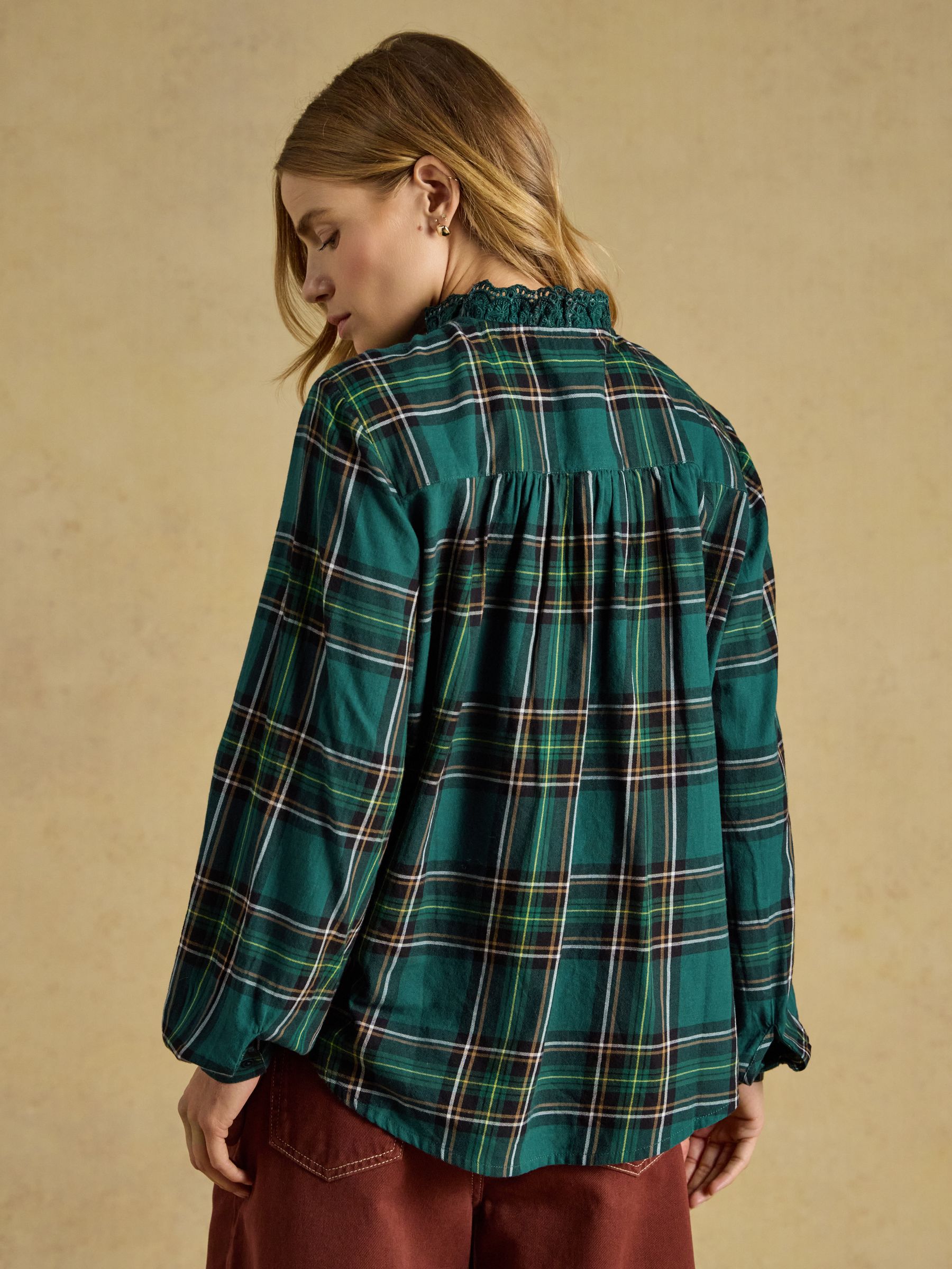 Melanie Green Check Brushed Frill Neck Blouse - Image 4 of 9