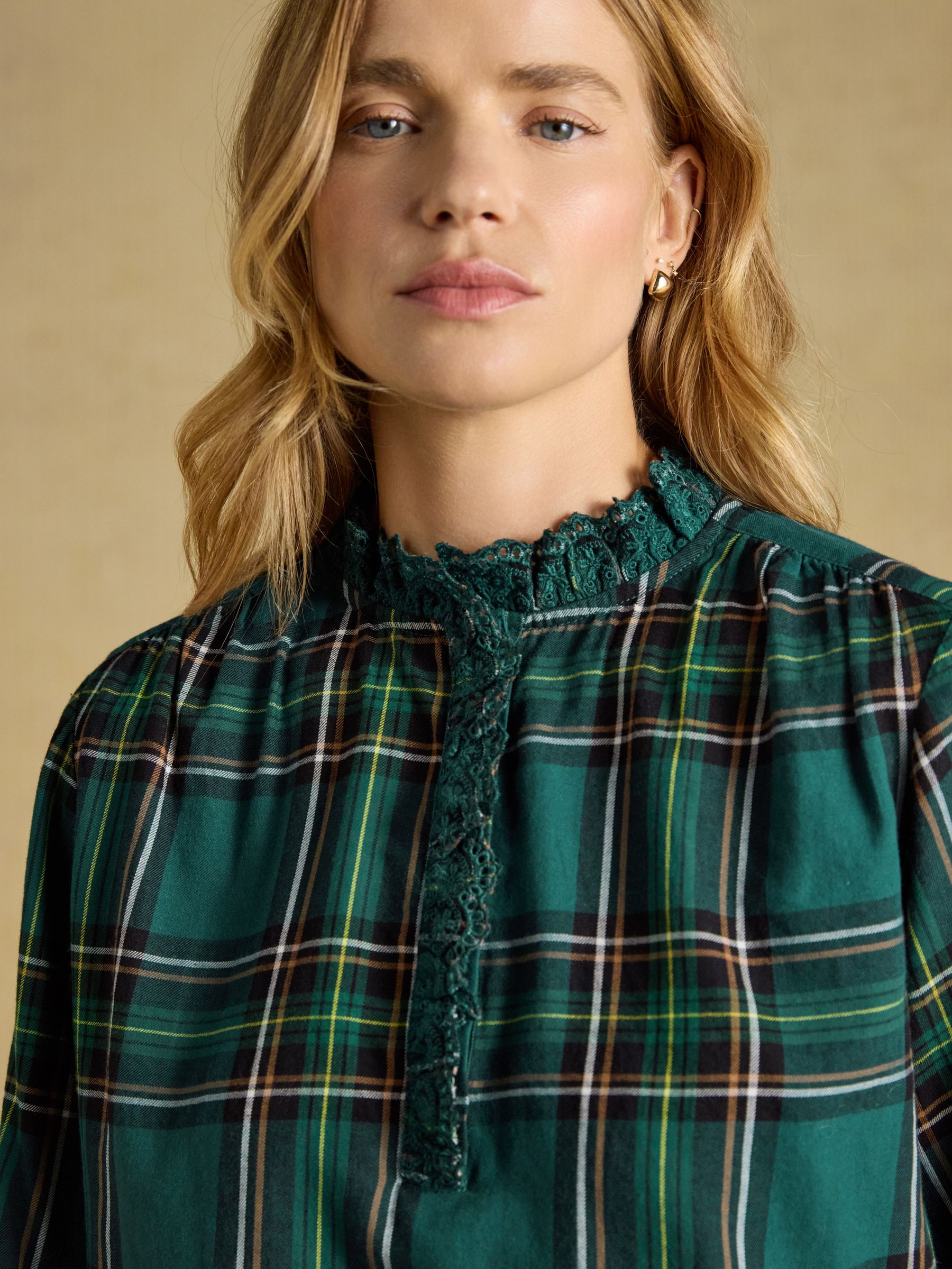 Melanie Green Check Brushed Frill Neck Blouse - Image 6 of 9
