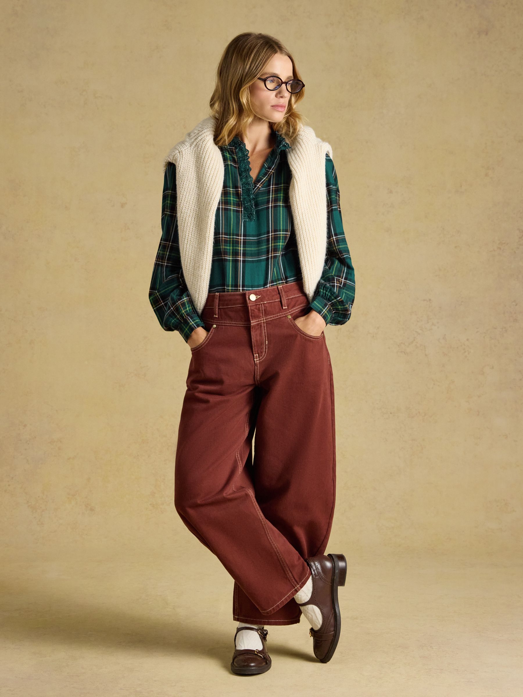 Melanie Green Check Brushed Frill Neck Blouse - Image 7 of 9
